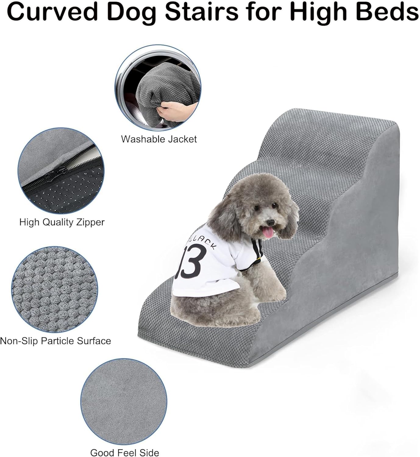 Dog Stairs for High Beds, 4 Step Dog Steps for Small Dogs and Cats, High Density Foam Cat Ramp for Bed,Pet Stairs for Bed Climbing, Non-Slip Balanced Pet Step Indoor(Grey)