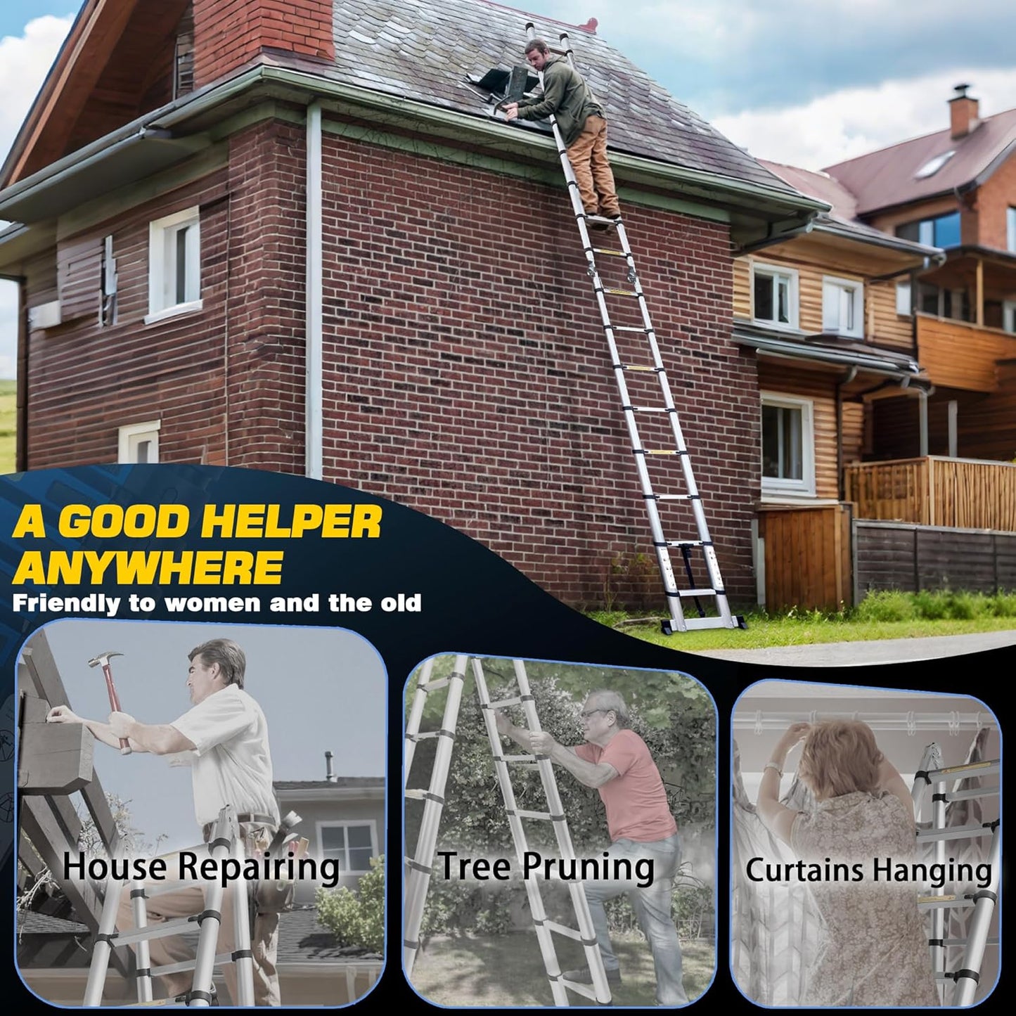 16.5 FT A-Frame Telescoping Ladder,8+8 Step Ladder,330LB Load Capacity,Portable Telescopic Folding Extension Ladder Heavy Duty Collapsible (5M(2.5m+2.5m)/16.5FT A Frame)