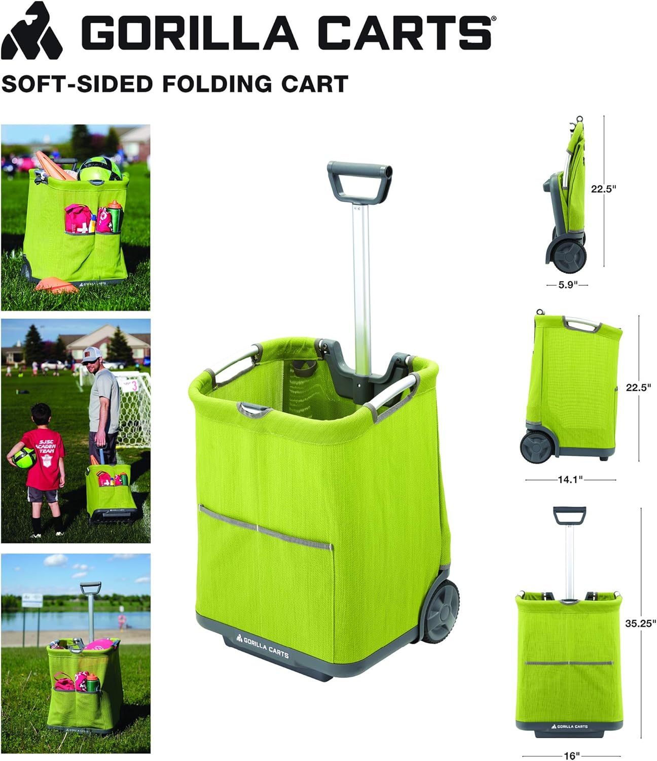 Gorilla Carts GCSS-11G-COM Collapsible Soft-Sided Folding Garden Cart, 150-Pound Capacity, Green