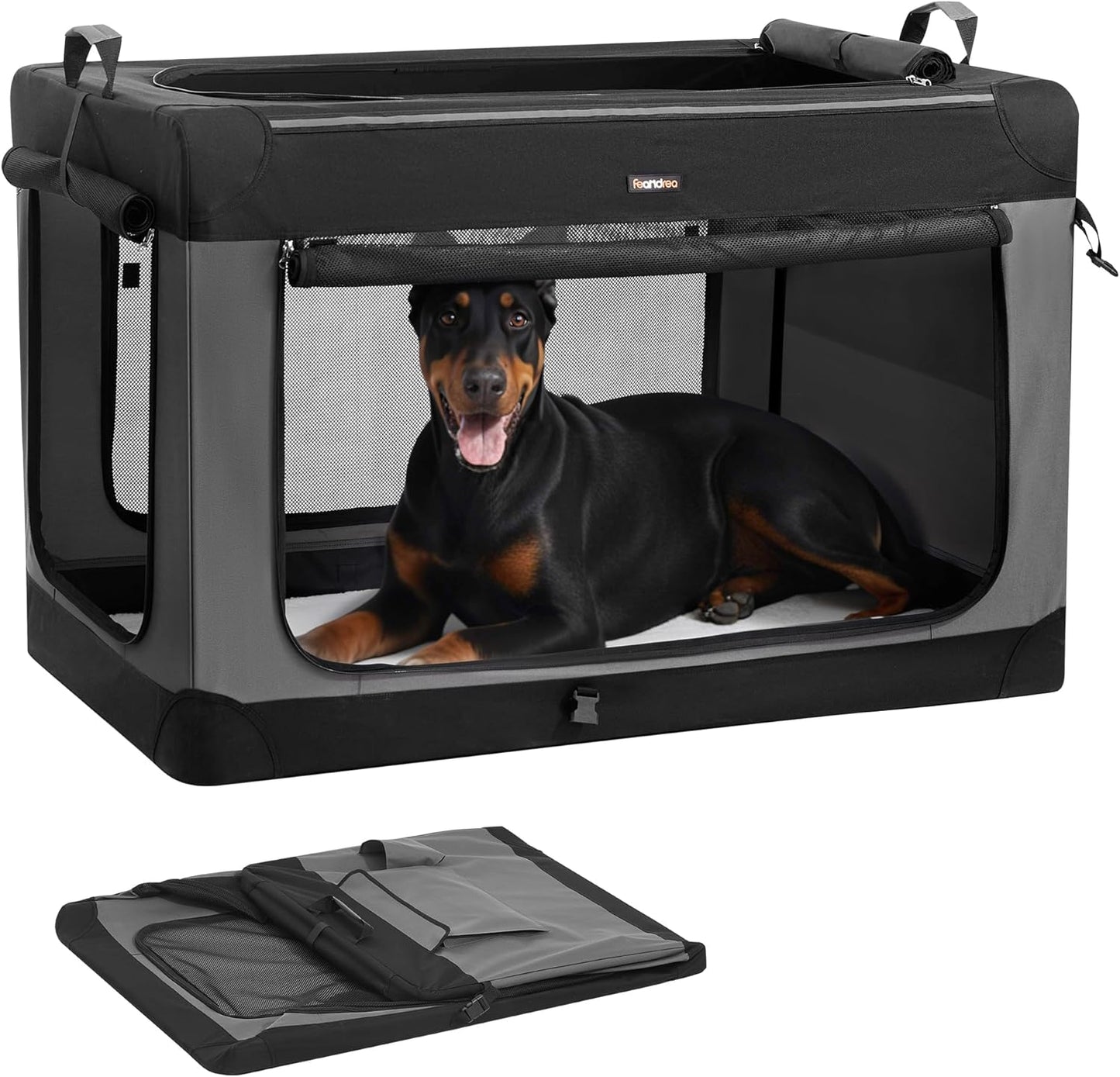 Feandrea Collapsible Dog Crate, 48-Inch Portable Dog Travel Crate for Extra Large Dogs, Oxford Fabric Pet Carrier with 4 Mesh Doors, Handles, Storage Pocket, Water Bottle Holder, Ink Black UPDC022BH01