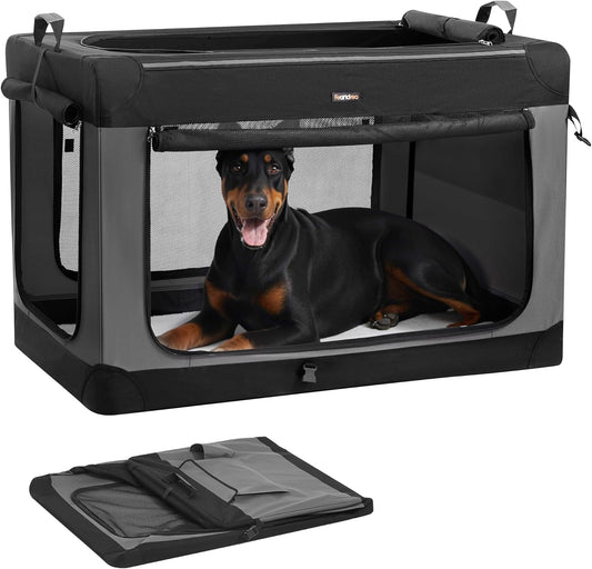 Feandrea Collapsible Dog Crate, 48-Inch Portable Dog Travel Crate for Extra Large Dogs, Oxford Fabric Pet Carrier with 4 Mesh Doors, Handles, Storage Pocket, Water Bottle Holder, Ink Black UPDC022BH01