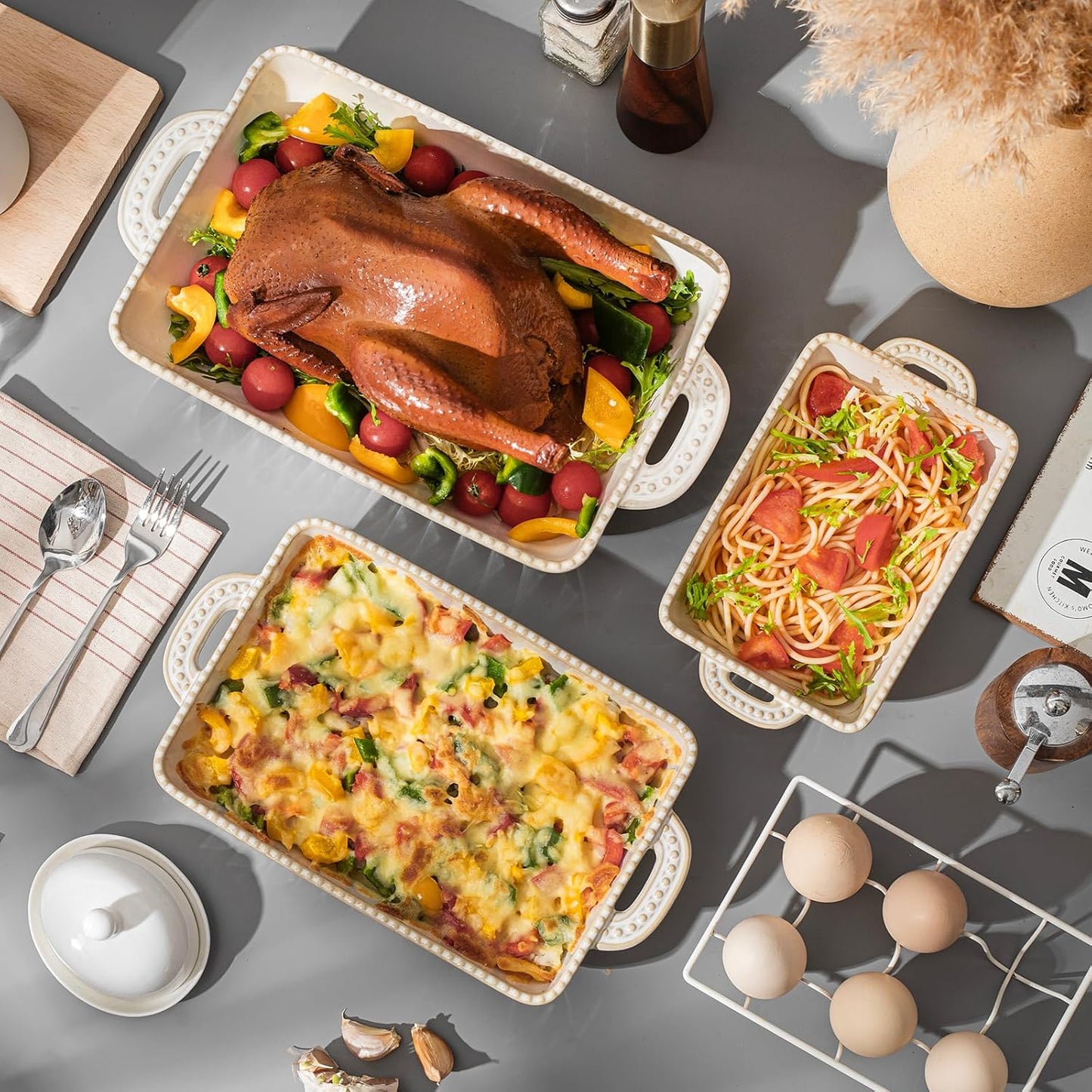 Casserole Dish for Oven, Ceramic Baking Dishes Set, Vintage Hobnail Bakeware Sets of 3, Rectangular Baking Pan, Deep Lasagna Pan with Handle for Cake, Wedding Kitchen Gift, 13.77“/11.6"/8.85"