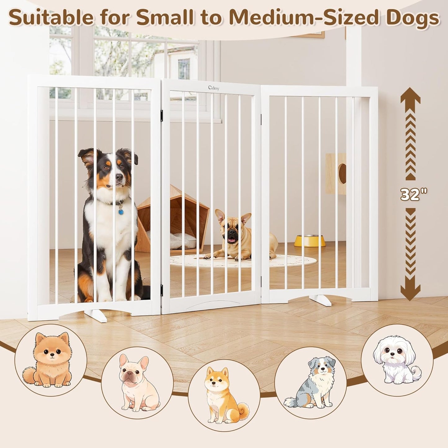 32" Extra Tall Freestanding Dog Gate, Foldable Pet Gate for Doorways Stairs Hallways, 3-Panel Dog Fence with Support Feet for Stability, Folding Puppy Gate Easy to Carry No Drilling 54"x32"