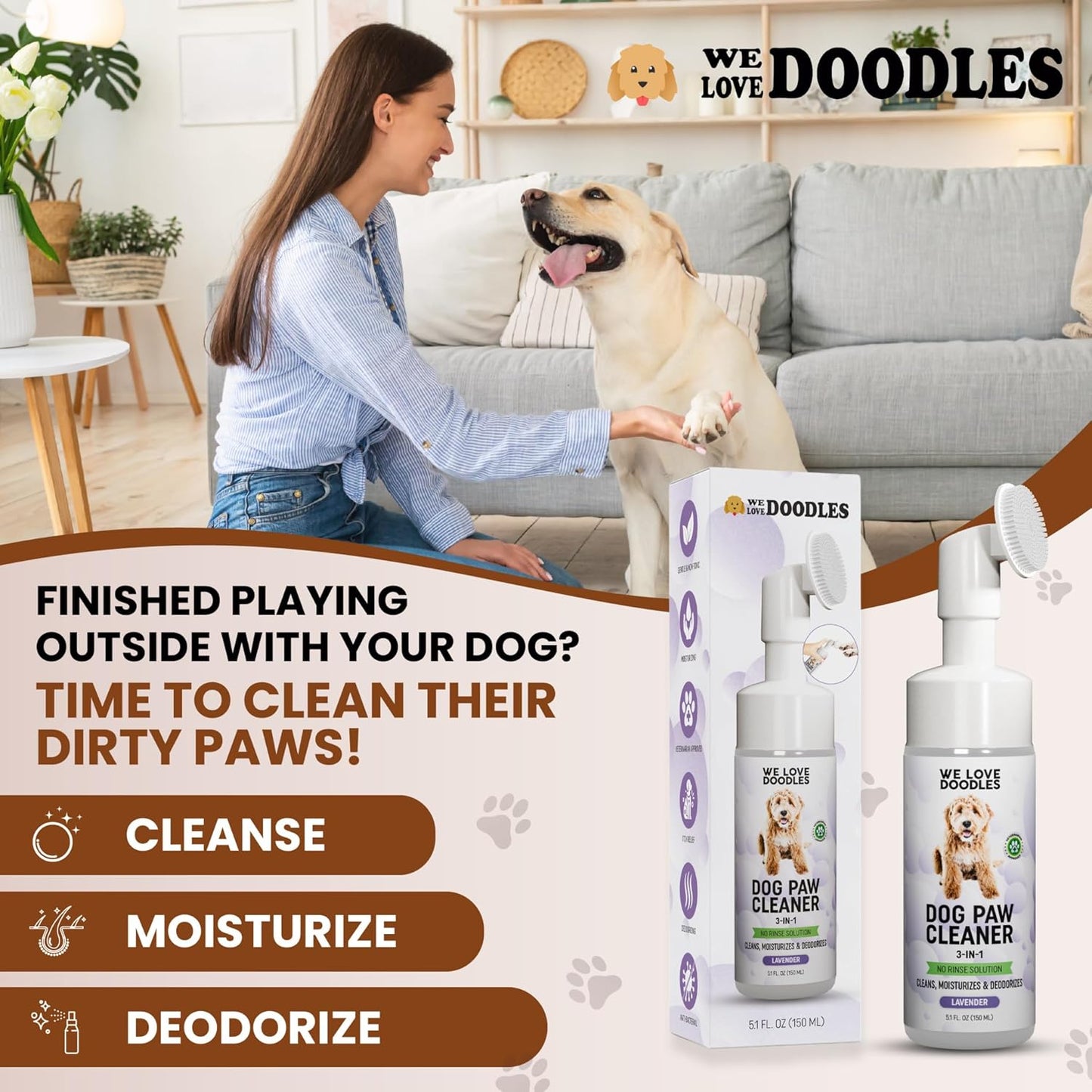 We Love Doodles No-Rinse Dog Paw Cleaner with Built-in Silicone Bristle Brush | 3-in-1 Dirty Paw Washer Foaming Foot Cleaner for Muddy Pet| Gentle Moisturizing Waterless Shampoo - Lavender | 5 fl oz