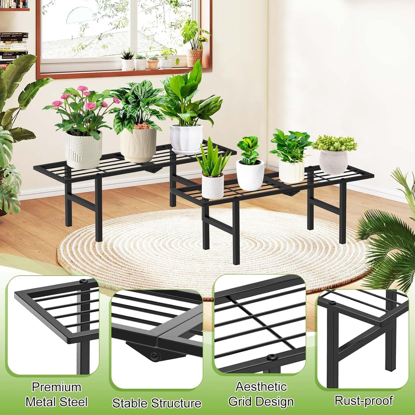2 Pack 1 Tier Plant Stand Indoor Outdoor- Foldable Metal Plant Shelf, 8.7" Narrow Space-Saving Design for Multiple Plants, Modern Flower Pot Holder Display for Garden Patio Balcony, Black