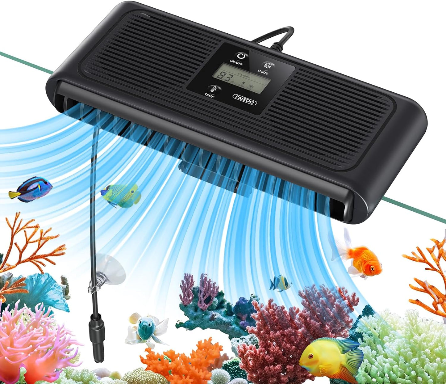 PAIZOO Aquarium Chiller Fan, Auto Temperature Control Fish Tank Cooler Aquarium Fan with Temperature Probe, LCD Display, 3 Speed Modes Axolotl Tank Cooler, 8.5-in, 6.4W