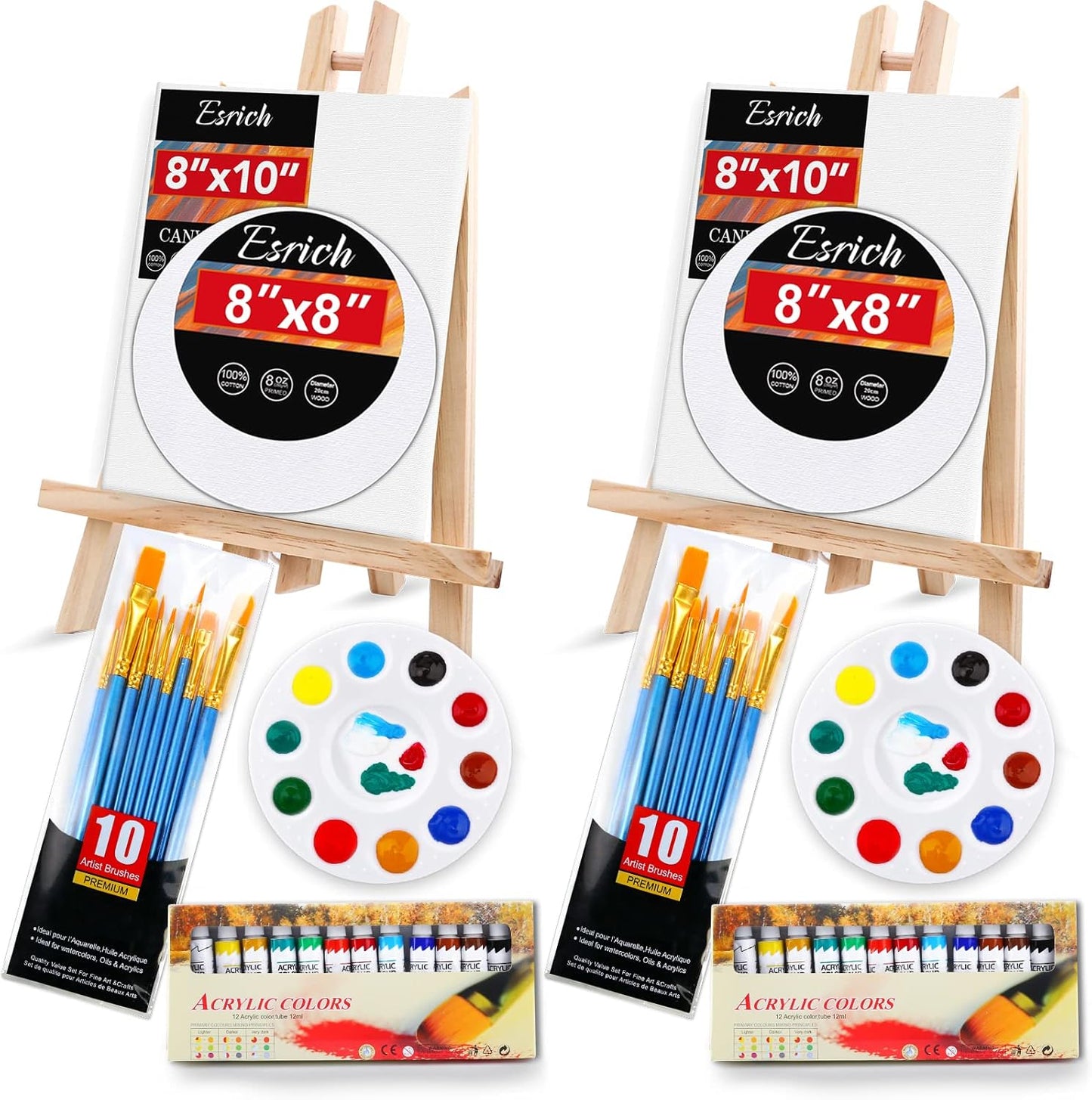 ESRICH Acrylic Paint Canvas Set,52 Piece Professional Painting Supplies Kit with 2 Wood Easel,2 * 12Colors,2 * 10 Brushes,Circular Canvas Etc,Premium Paint Kit for Kids,Students, Artists and Beginner