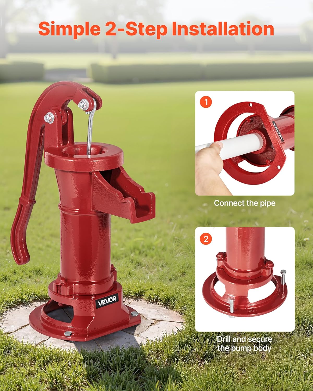 VEVOR Well Hand Pitcher Pump, 25 ft Maximum Lift, Antique Cast Iron Manual Hand Water Pump, NPT 1-1/4 in Connection, Easy Installation, Old Fashioned for Outdoor Garden, Pond, Backyard, Farm, Red
