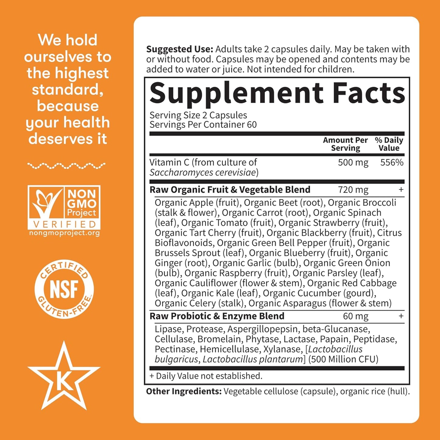 Garden of Life Vitamin Code Raw Vitamin C - 120 Capsules, 500mg Whole Food Vitamin C Capsules + Fruit & Veggie Blend & Probiotics, Supplements for Adults, Vegan, Gluten Free