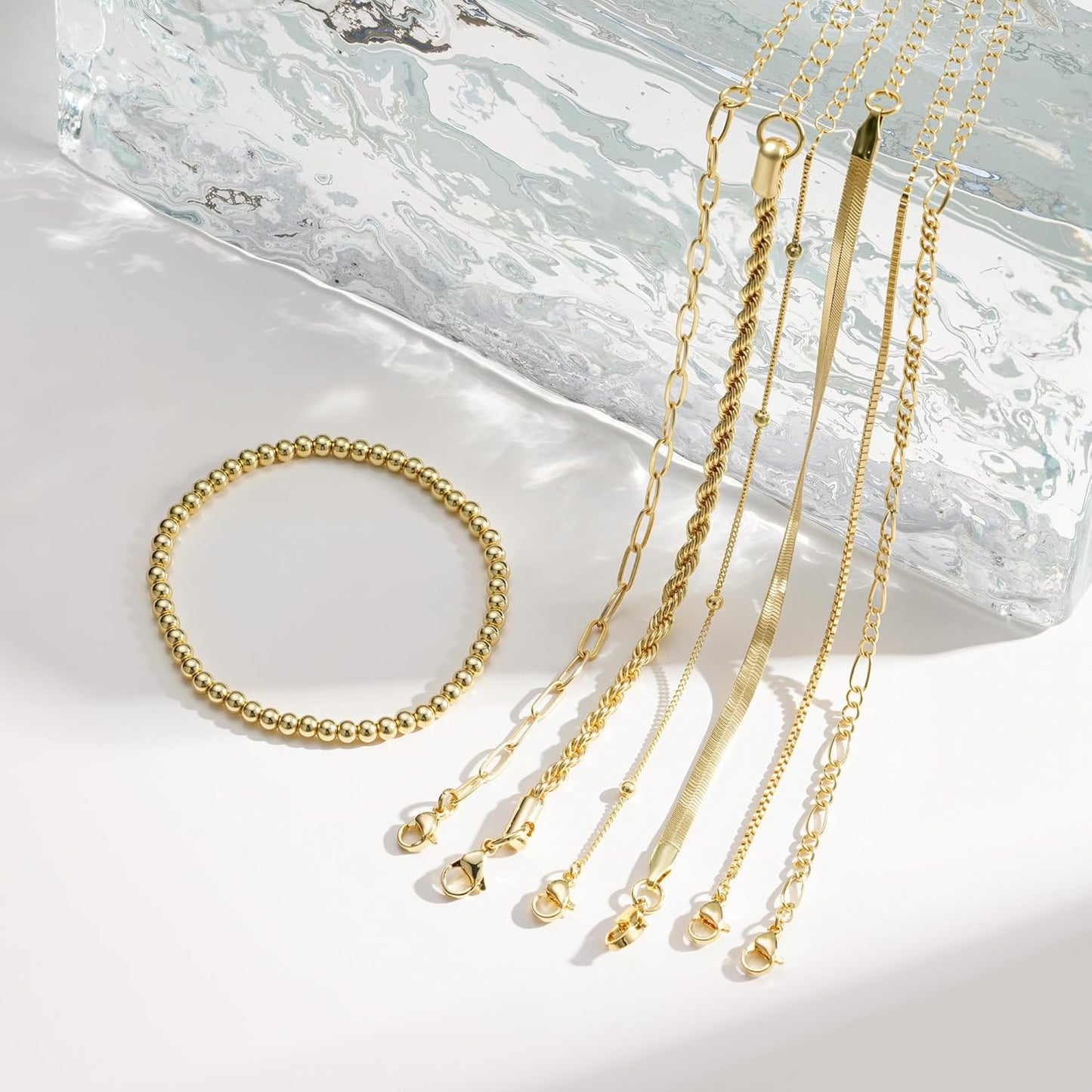 M MOOHAM Gold Bracelets for Women - 14K Real Gold Plated Beaded Bracelets Set Rope Paperclip Chain Stackable Bracelet Non Tarnish, Friendship Birthday Jewelry Gifts for Women Teen