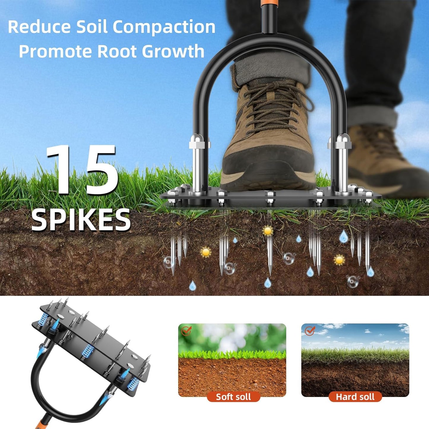 GAINO Manual Lawn Aerator Tool with 15 Spikes, 32"-35" Adjustable T-Handle Aerator for Lawn, Automatic Dirt Ejection Design, Heavy Duty Yard Grass Aerator for Soil Compaction, Black & Orange