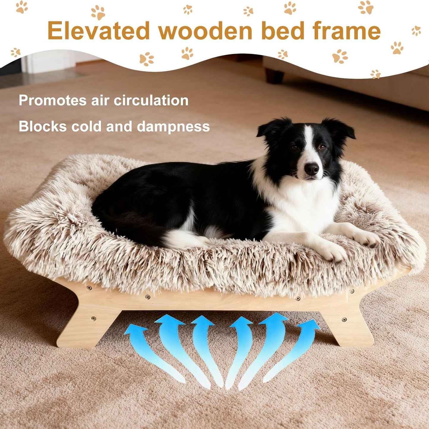 Elevated Dog Bed 37.4" x 28.5"x9.8”,Mid-Century Modern Raised Wooden Dog Bed Frame and Mattress for Large Pets up to 80lbs