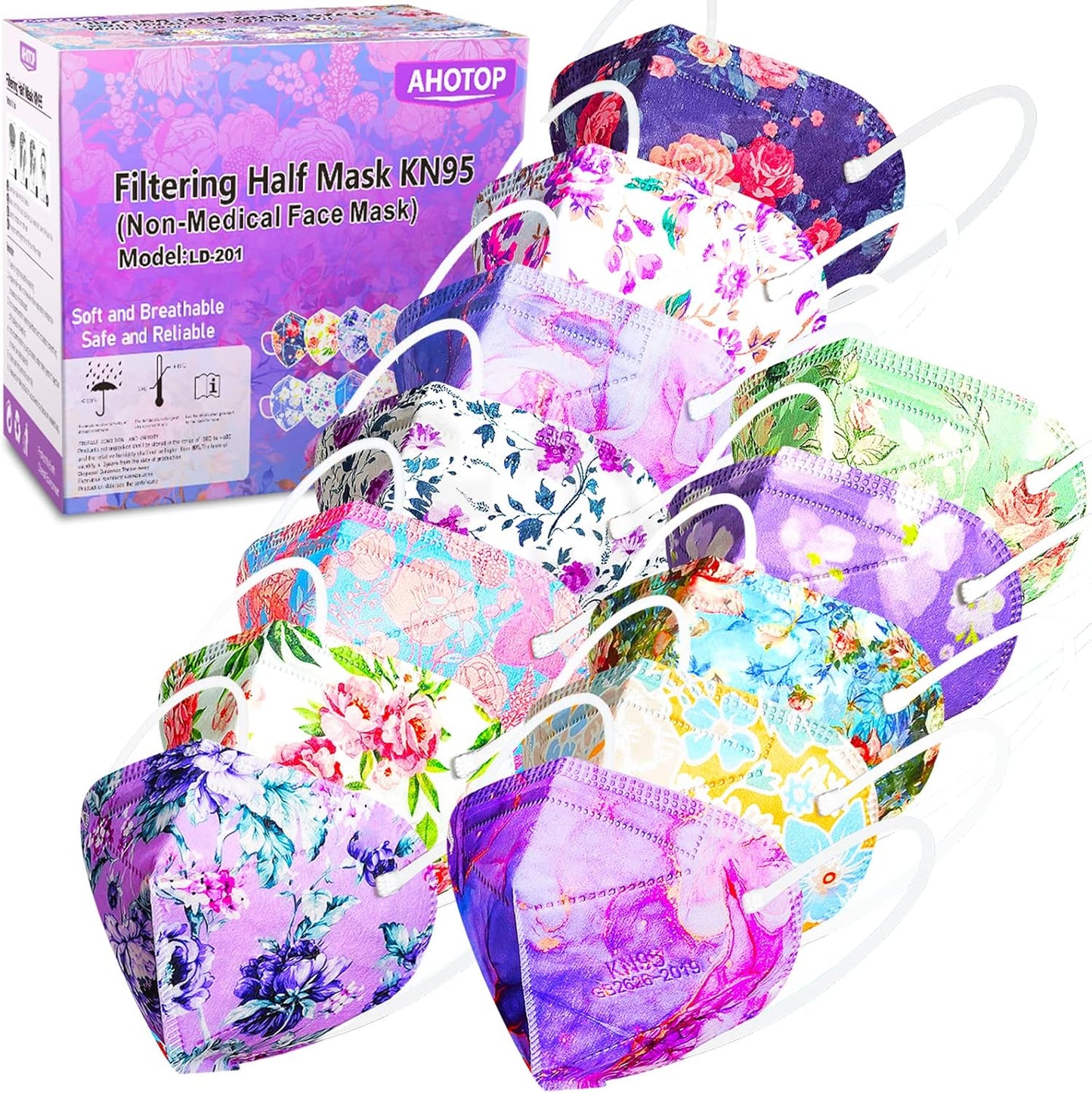 KN95 Face Masks, 60 Pack Individually Wrapped KN95 Masks, 5 layer Colorful Floral Face Mask with Design for Adults Women Men