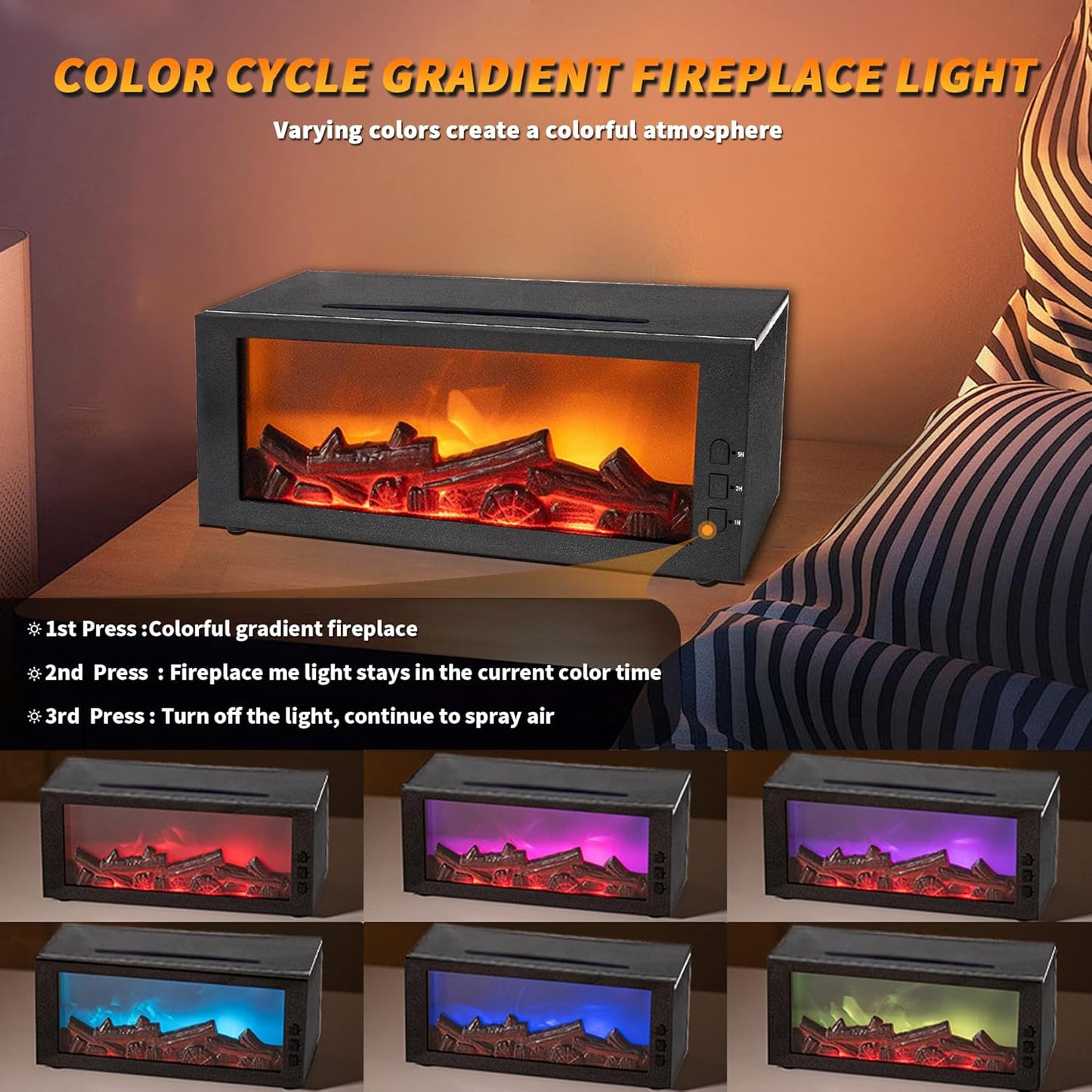 BOHOFAM Fireplace Essential Oil Aroma Diffuser,Flame Air Humidifiers 300ML,14-Hour Runtime,Colorful Flame Diffusers for Home,Included 4 * 10ML Hotel Collection Diffuser Oils for Bedroom(Black)