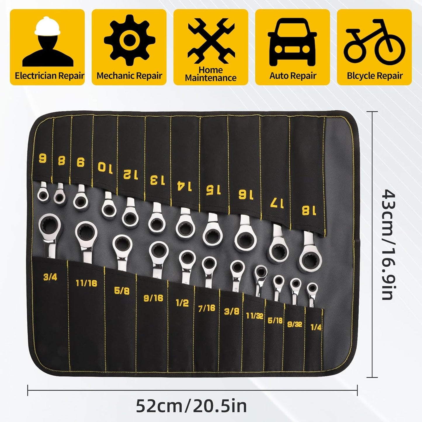 Ratcheting Wrench Set, Combination Wrench Set, 22-Piece SAE & Metric and Standard, 72Th Long Open End, 1/4" to 3/4" & 6-18mm, Organizer With Roll Up Pouch, CR-V Socket Mechanic Hand Tools Sets