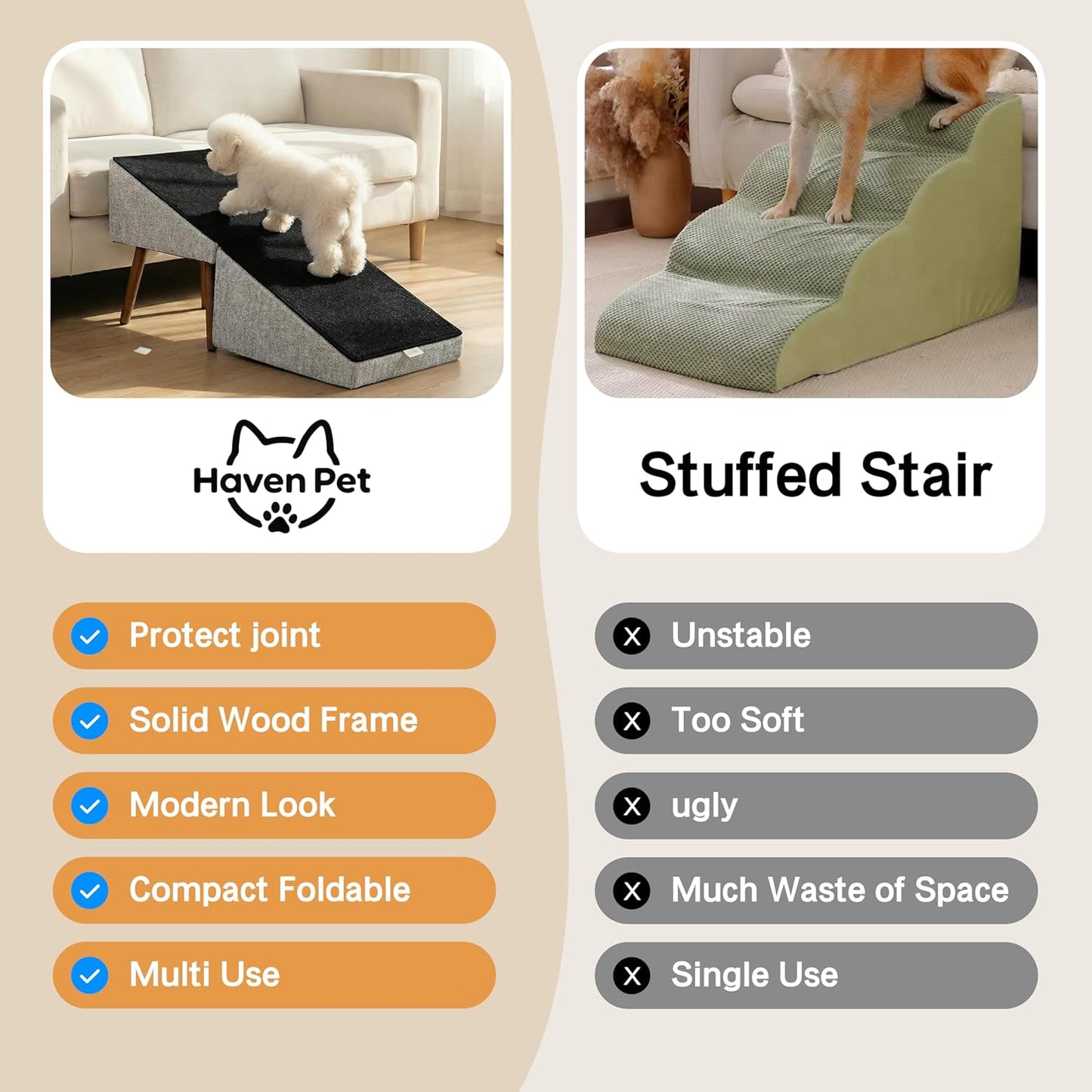 2-in-1 Dog Ramp and Stairs for Bed and Couch, 17 Inch High,Foldable Ottoman Ramp with Non-Slip Replaceable Carpet, Joint Relief for Small and Large Dogs