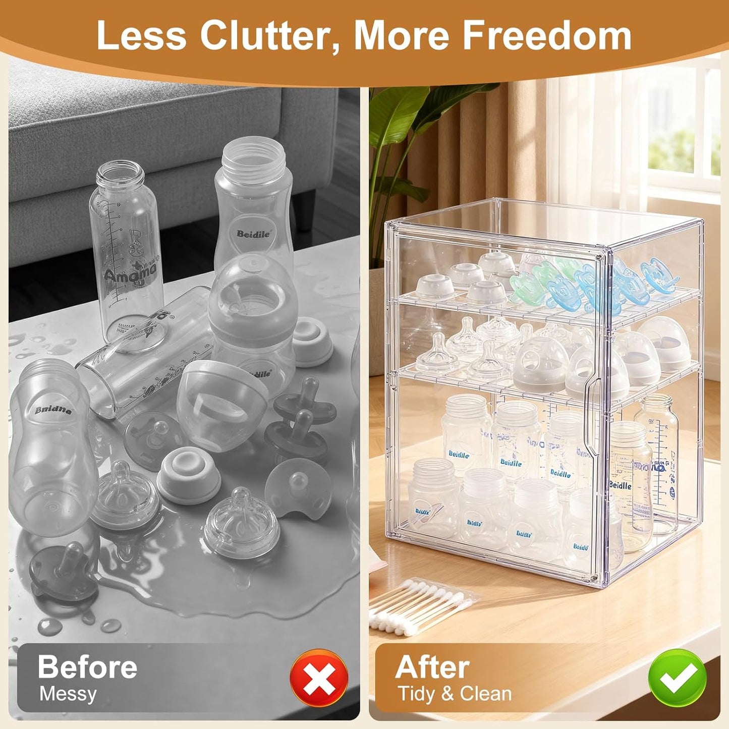 Baby Bottle Organizer – 3-Tier Bottle Storage Organizer Baby for Bottles, Nipples, Pump Parts, Food Jars – Clear Nursery Cabinet for Countertop and Kitchen