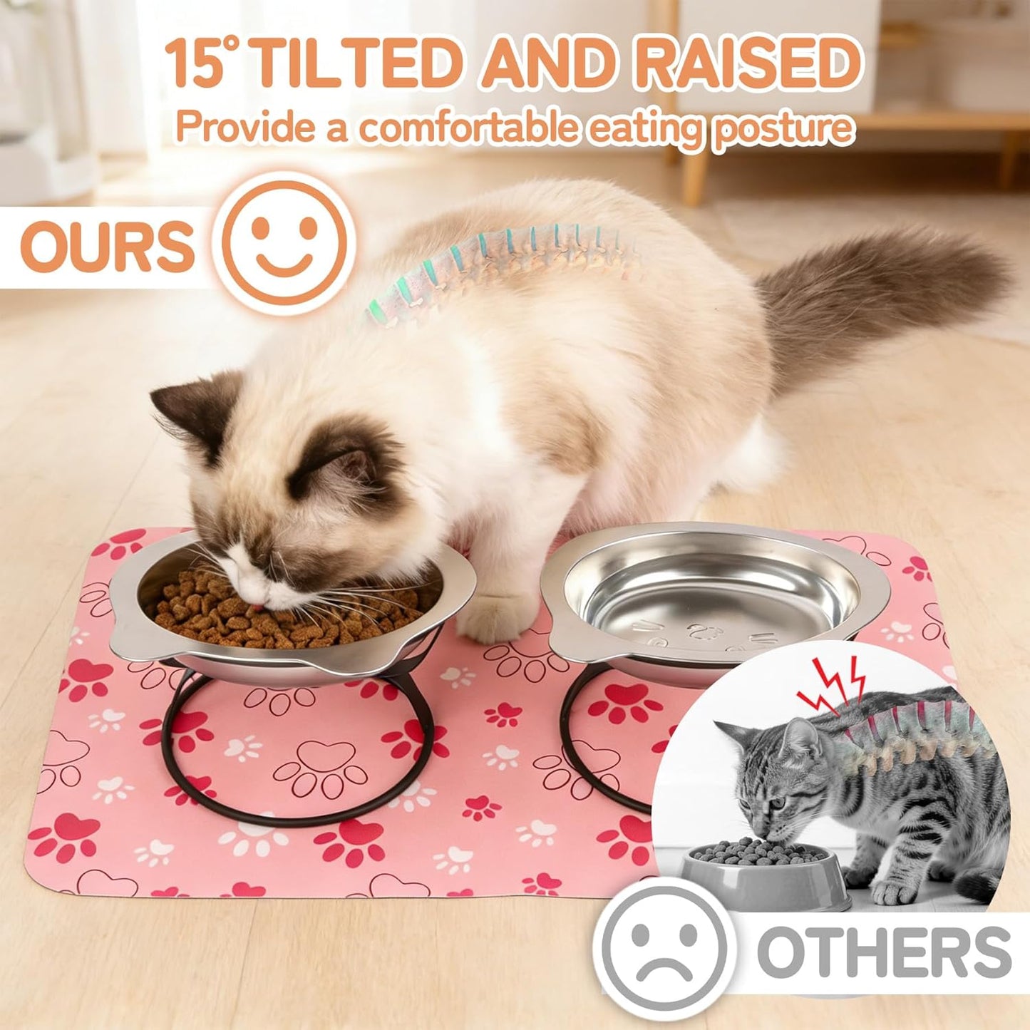 2-Pack Elevated Cat Bowls with Non-Slip Mat, 15°Tilted 7.1" Wide Raised Stainless Steel Cat Food Dishes, Whisker Friendly Bowls for Neck Stress-Free Anti-Vomiting Feeding for Cats & Small Dogs
