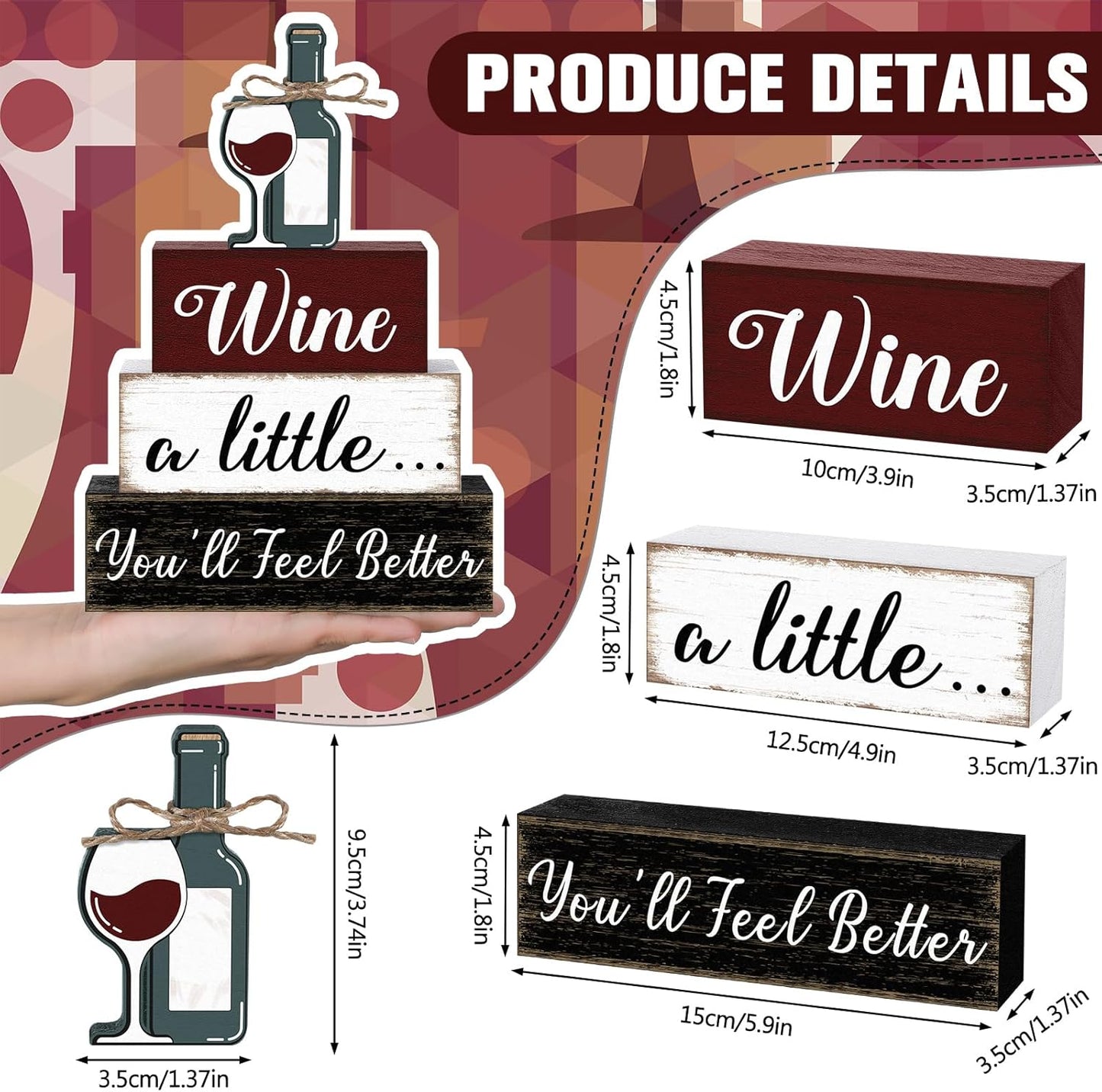 Marsui 4 Pcs Wine Tabletop Decor Rustic Coffee Bar Tiered Tray Decor Decorative Wood Wine Bottle Block Sign Gift Wooden Farmhouse Table Centerpiece for Home Party Shelf Desk Decoration