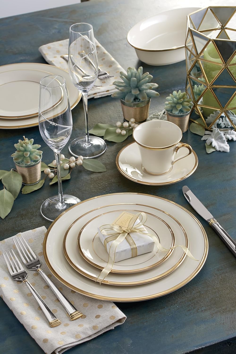 Lenox Dinnerware Set, Eternal 5-Piece Place Setting, 24-Karat Gold Accents Set, Service for 1, Made Of Ivory Porcelain, Dishwasher Safe, Plates, Cups And Saucers, Home And Kitchen (Ivory, 5 Pcs)
