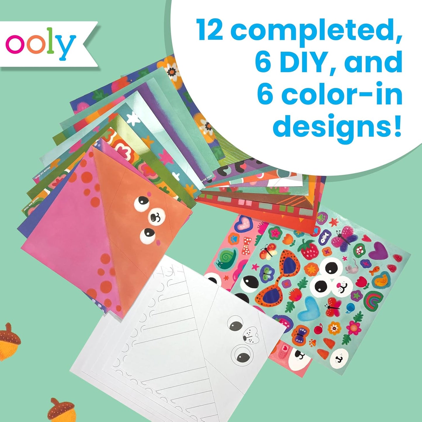Ooly DIY Paper Kit, 24 Animal Origami Designs & Stickers, Kit Includes 12 Completed, 6 Blank and 6 Color-in Folding Pet Origami Designs