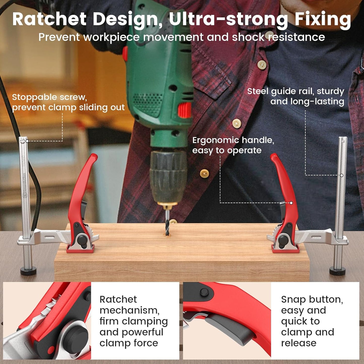 Housolution Bench Dog Clamp, 3/4 inch Dog Holes Workbench Clamp for Woodworking, Adjustable MFT Table Hold Down Quick Fixed Clip, Workbench Accessories for Wood Carving Routing Sanding, 2 Pack