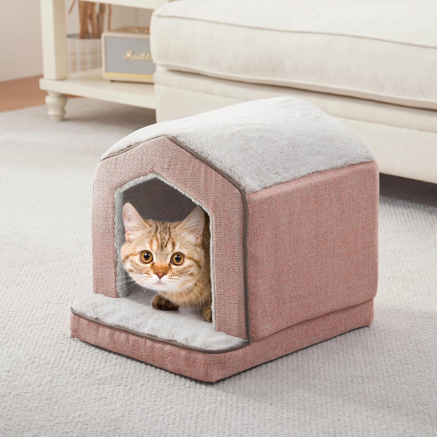 Orthopedic Cat House for Indoor Cats,Small Dogs,Super Soft Cat Bed Cave,Condos, Cubes,Cat Hideaway,Covered,Cat Bed for Kitty Small Medium Large Pet (Pink, 18" L x 15" W x 17" Th)