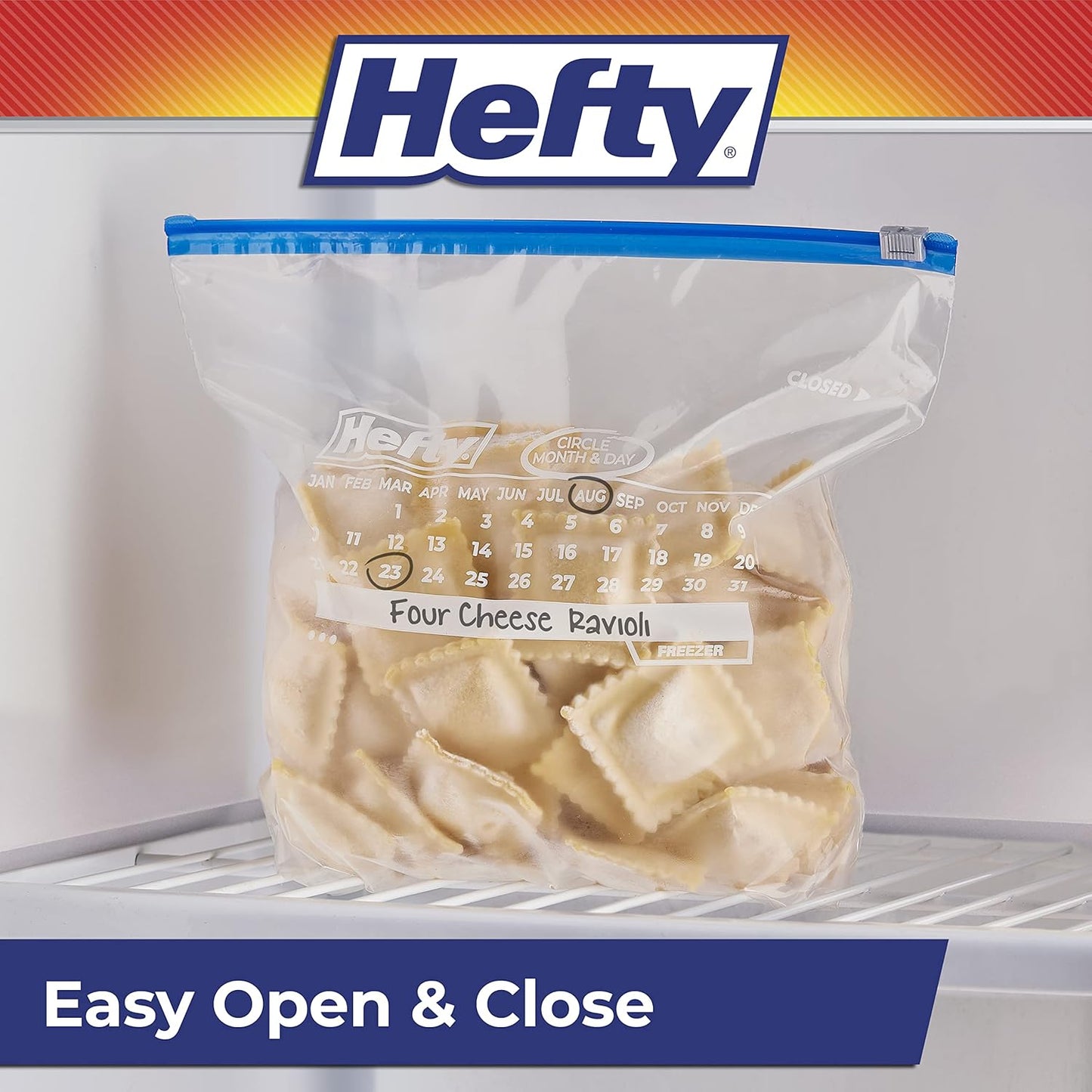 Hefty Calendar Slider Gallon Freezer Bags, 25 Count (Pack of 4), Gallon Slider Bags for Freezer with Calendar Dates, Holds Raw Meat, Soups, Fruits and Veggies, and More, Secure Zip and Click Closure