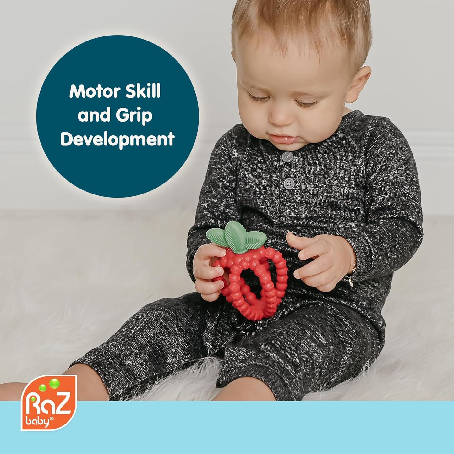 RaZbaby Bites Silicone Baby Teething Toy – Sensory Toy with Textured BerryBumps for Teething Relief, Easy-to-Hold Fruit Shape, BPA-Free, Soothes Front & Back Teeth – Gift for Babies, 3 Months+, Pink