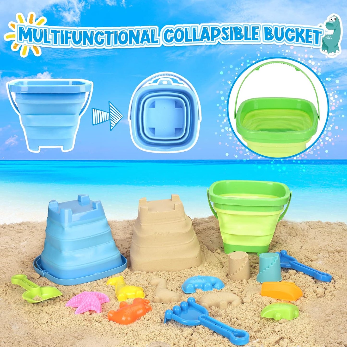Beach Toys, Sand Toys for Kids Boys and Girls with 2 Construction Vehicle, 2 Collapsible Bucket, Sand Castle Building Kit, Sand Molds, Mesh Bag, Outdoor Toys for Kids Ages 4-8