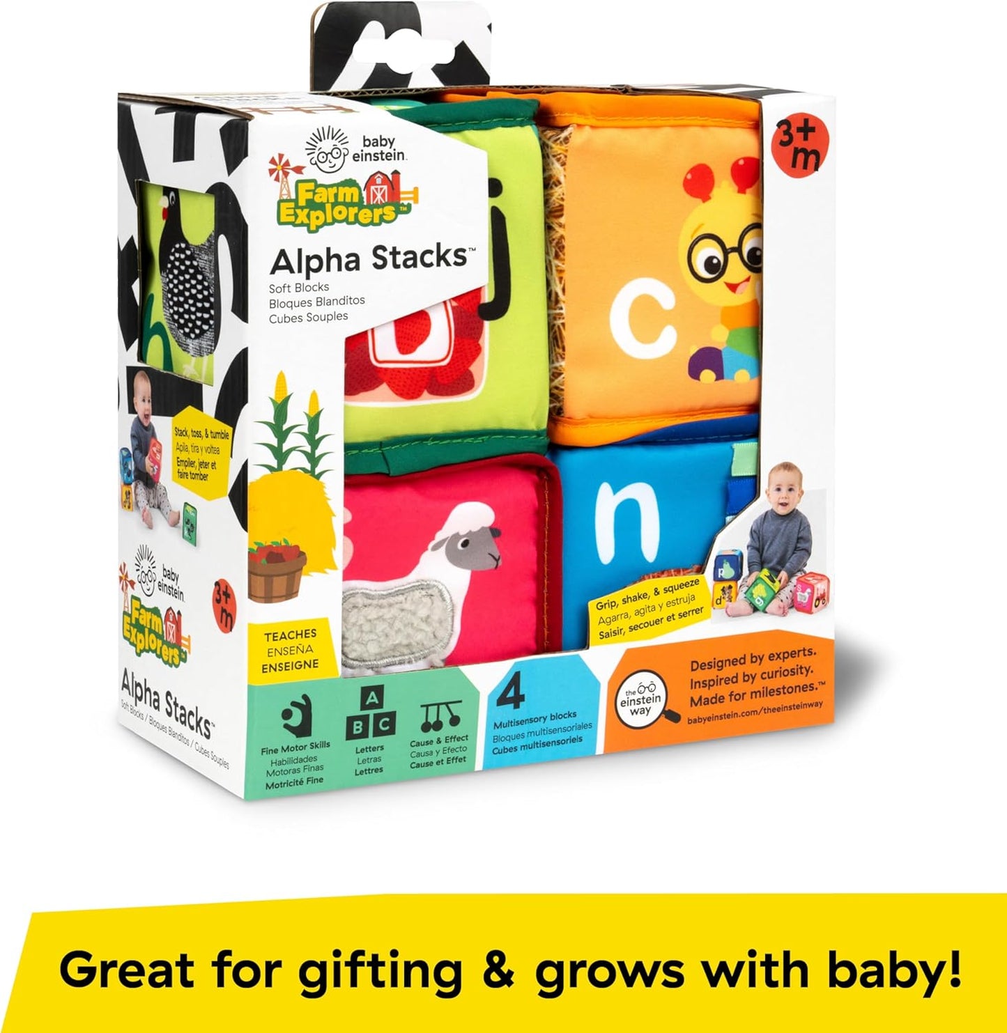 Baby Einstein Alpha Stacks Baby Learning Blocks, Soft, Multisensory Stacking Toys with Letters A-Z, Animals, Colors & Textures, Set of 4, Ages 3 Months+