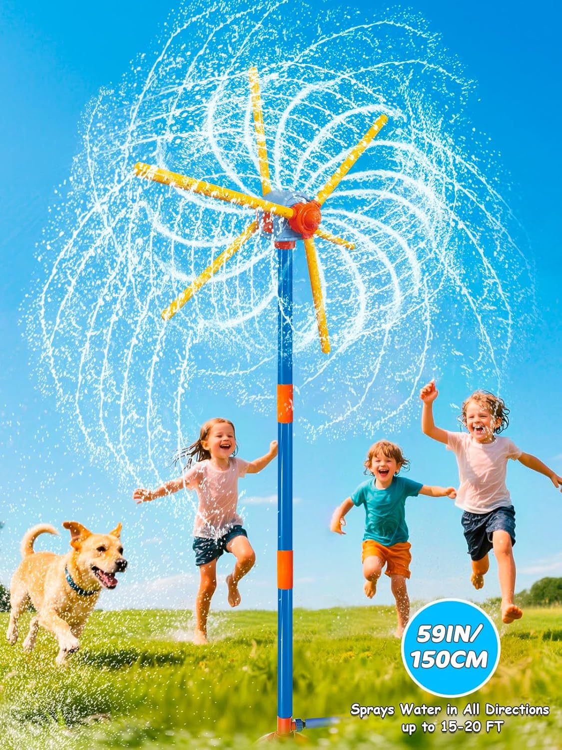 59" Windmill Water Sprinkler for Kids Summer Toys, 360° Spinning Splash Water Toy, Upgraded Double Sided with 6 Blades, Outdoor Backyard Games Summer Fun for Boys Girls Dogs & Garden Watering