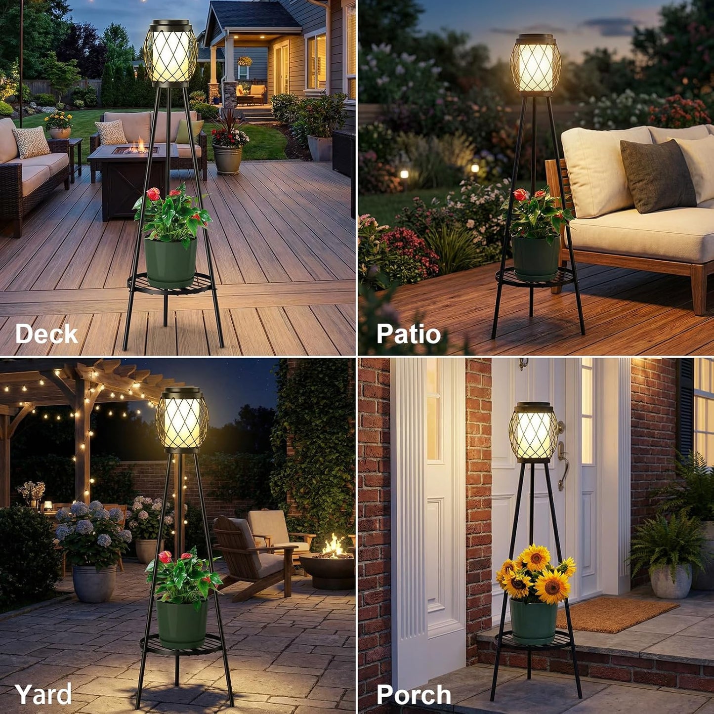 MXwcy Solar Lights Outdoor with Plant Stands 2 Pack, Solar Floor Lamp Metal Tripod Patio Lights for Garden Yard Pathway Driveway Front/Back Porch Decoration