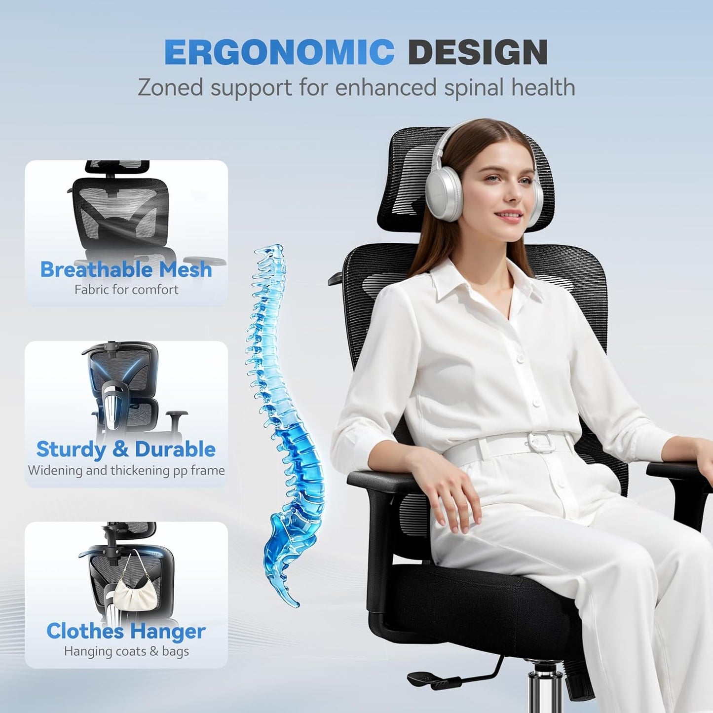 Ergonomic Office Desk Chair, High Back Mesh Office Chair with Adjustable Lumbar Support, 3D Headrest, Big and Tall Home Computer Desk Chairs Comfy for Work, Gaming, 300lbs, Black