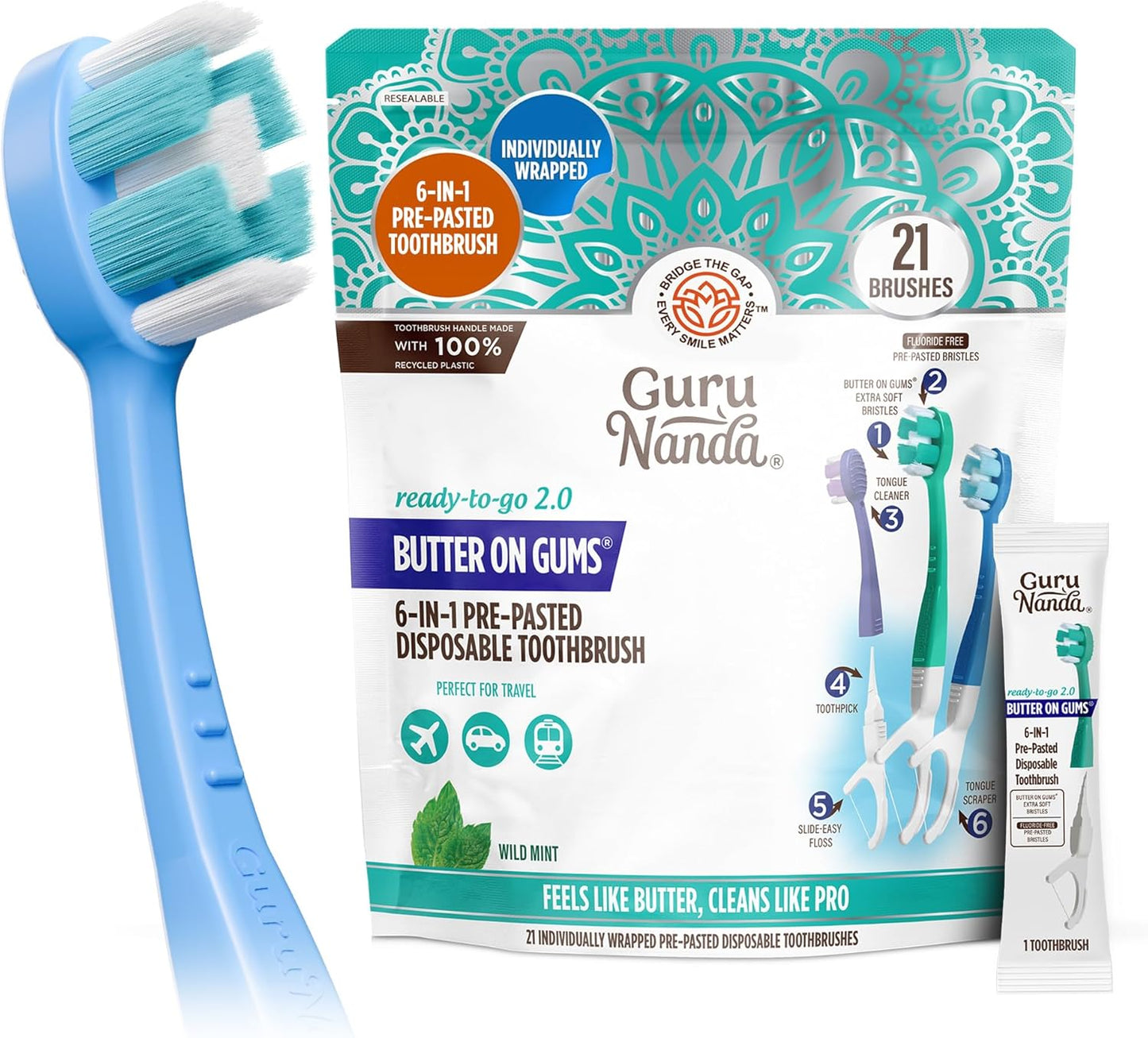 GuruNanda 6-in-1 Ready-to-Go Disposable Toothbrush, Pre-Pasted Butter on Gums Softex Bristles, Floss & Toothpick, Tongue & Cheek Cleaner, Individually Wrapped & TSA Friendly, 21 Ct