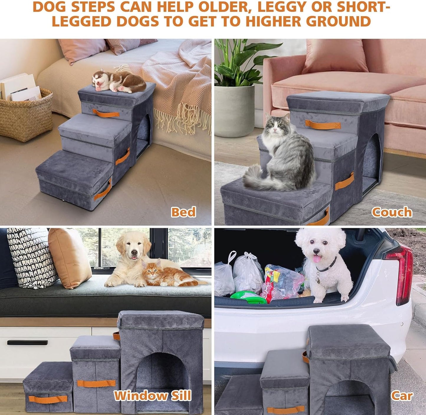 Topmart Foldable Dog Stairs for Bed, 3-Step Pet Stairs with 2 Storage Boxes & Condo for Small, Short-Legged Dogs