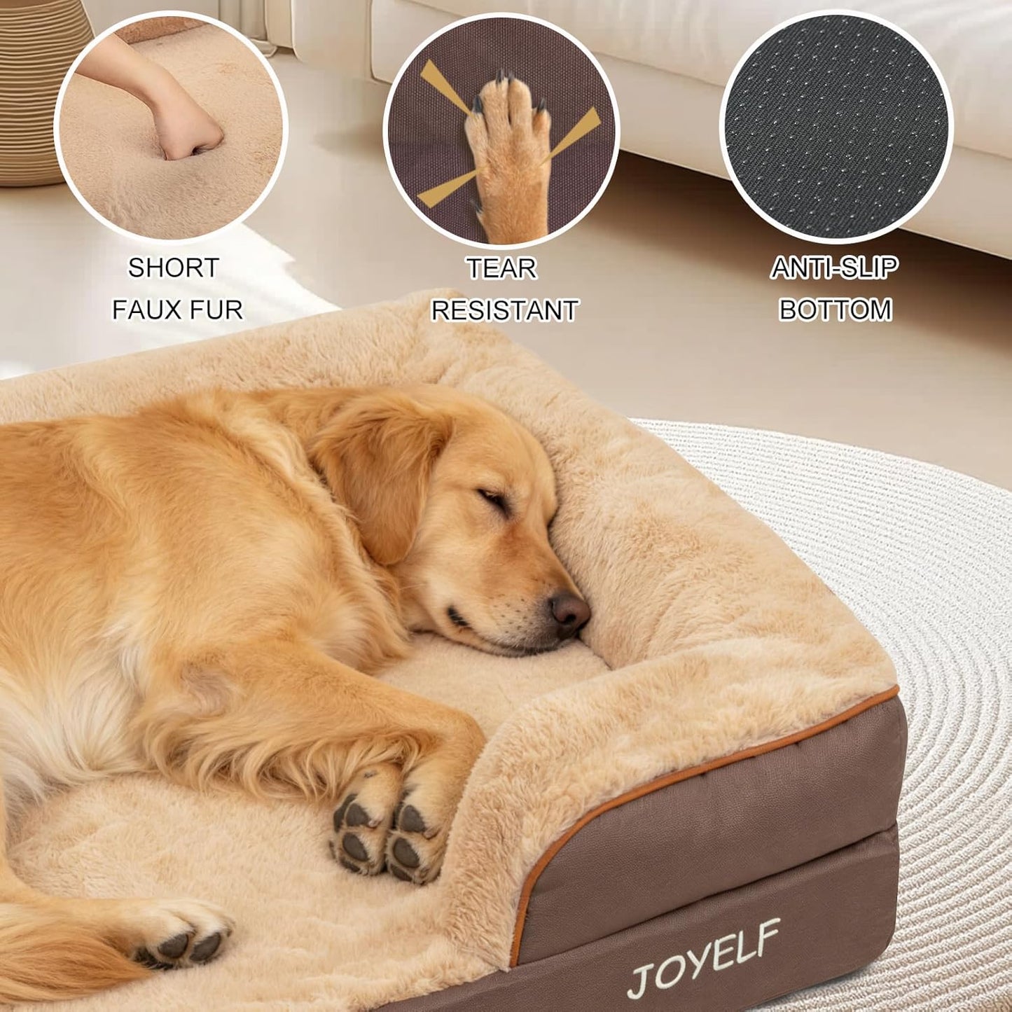 JOYELF Orthopedic Dog Bed for Large Dogs, Foam Sofa Couch Bed, Bolster Waterproof Pet Bed with Removable Washable Cover and Nonskid Bottom for Medium to Large Dogs - Coffee