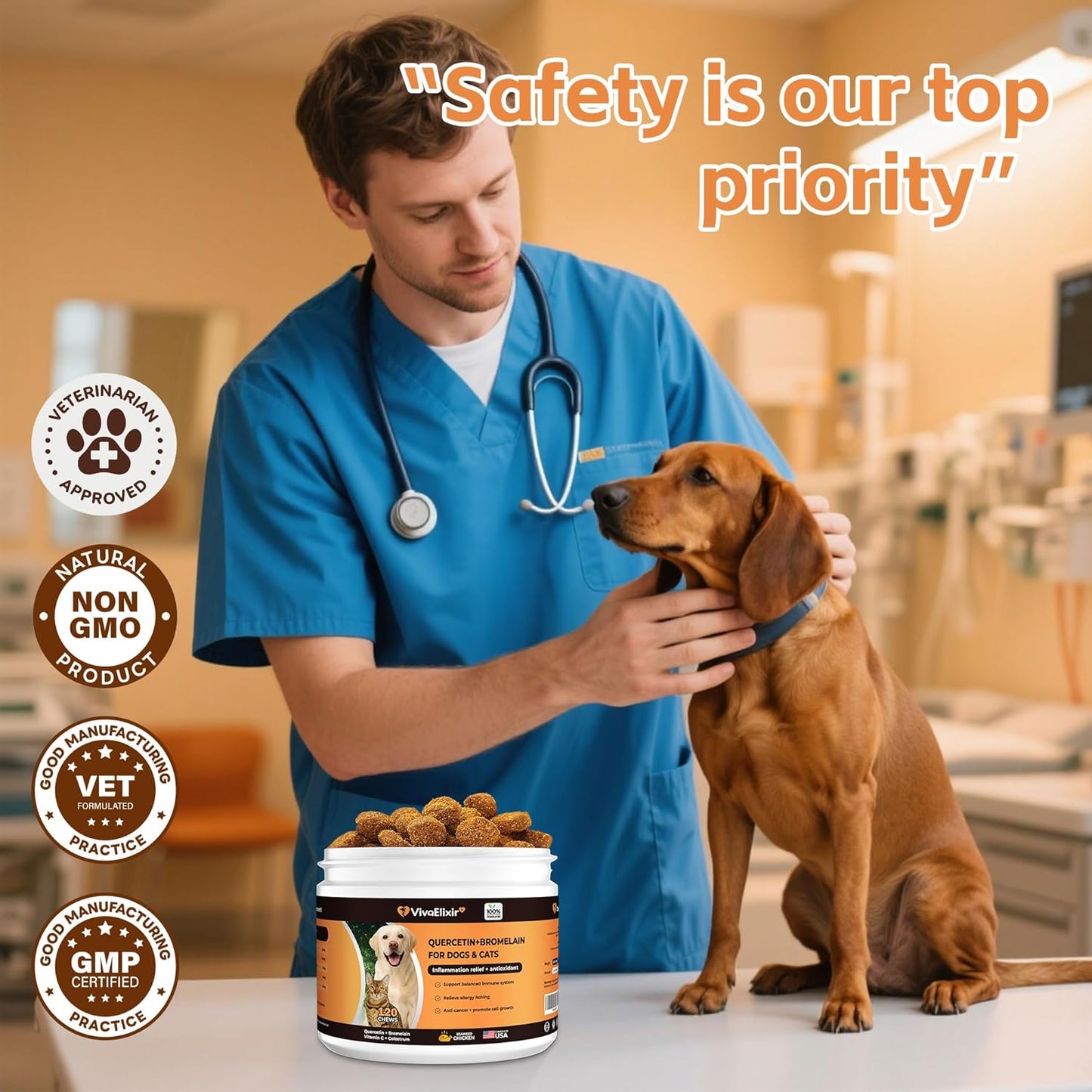 Quercetin & Bromelain for Dogs & Cats with Colostrum & Probiotics - Supports Immune System, Relieves Itchy Allergies, Anti-Inflammatory Antioxidants, Veterinarian Recommended, 120 Chewable Tablets