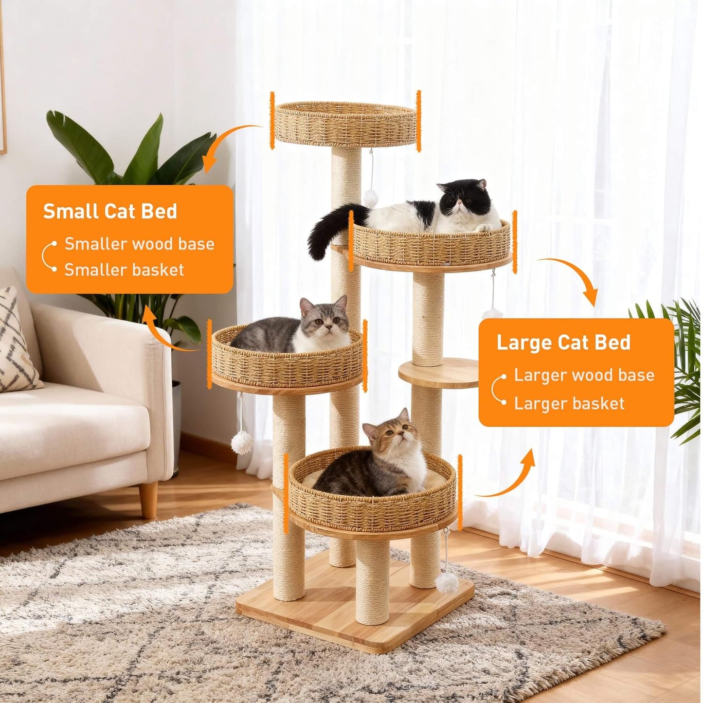 Modern Cat Tree for Indoor Cats Large Adult, 54''Tall Cat Tower with Scratching Post, Wood Cat Tree for Large Cats with Multi-Levels, 4 Weaving Washable Handwoven Rattan Cat Condo