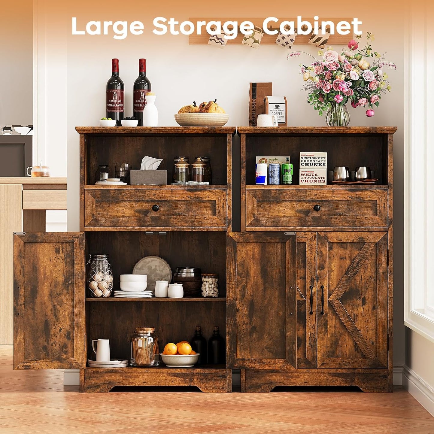 Floor Cabinet, Farmhouse Storage Cabinet with Barn Doors and Drawer, 11.81" D x 23.62" W x 39.37" H Rustic Brown Freestanding Adjustable Shelf Organizer for Bathroom, Kitchen, Living Room