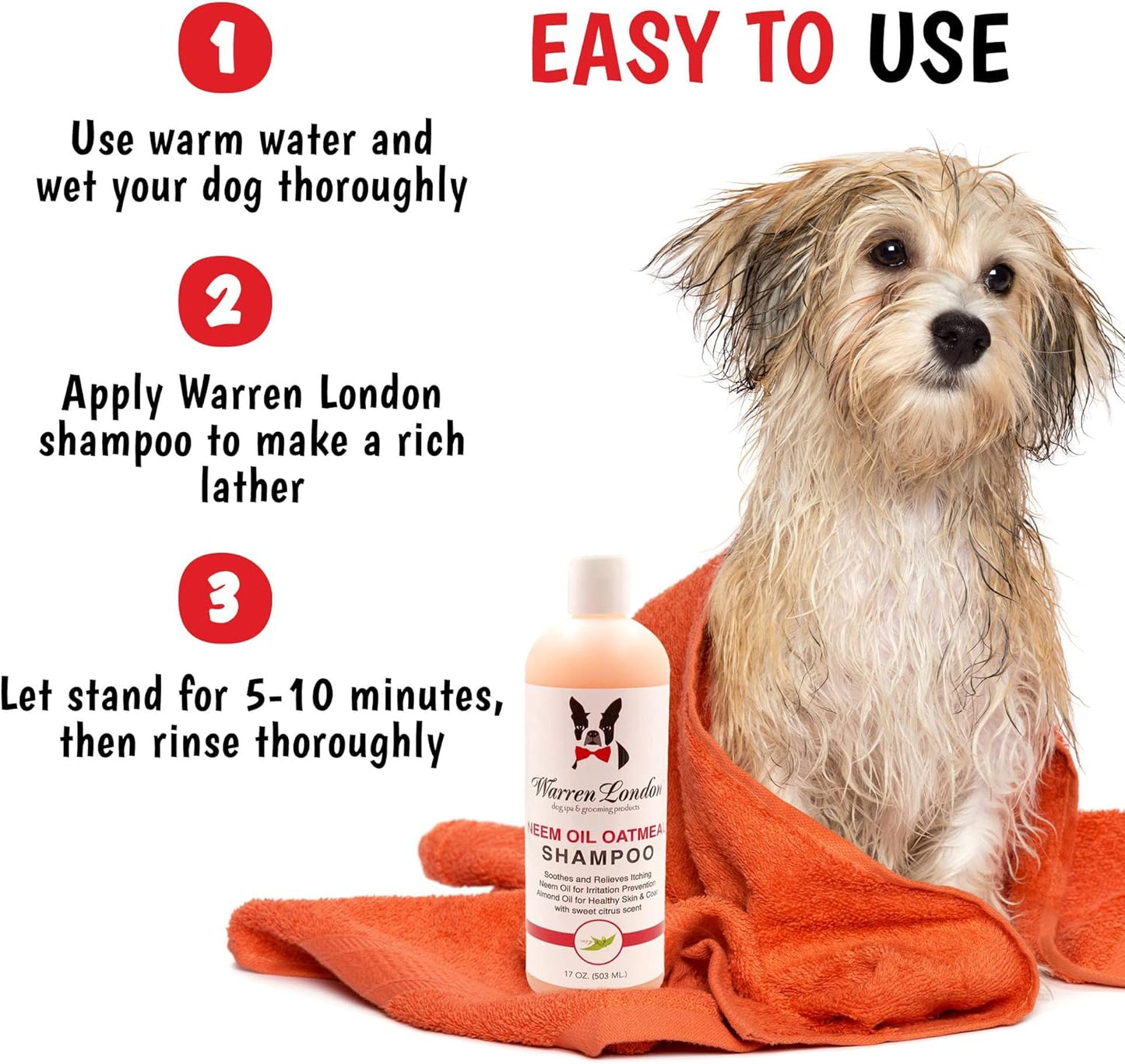 Warren London Neem Oil with Oatmeal Dog Shampoo - Deep Cleansing & Moisturizing for Sensitive Skin - Itch Relief & Odor Control - Made in USA - 17 oz