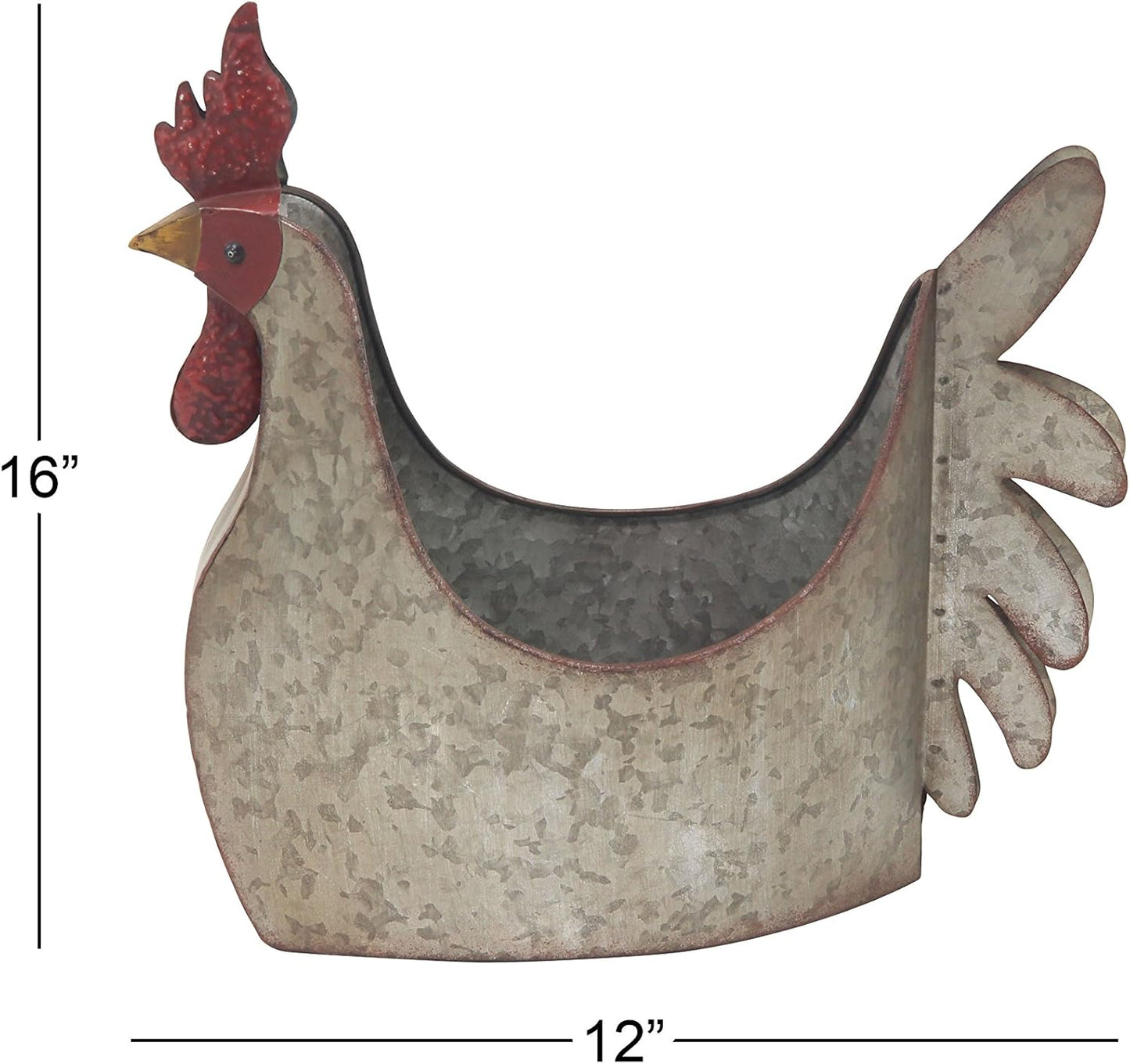 Deco 79 Metal Rooster Indoor Outdoor Planter Large Planter Pot, Planter 12" x 8" x 16", Gray