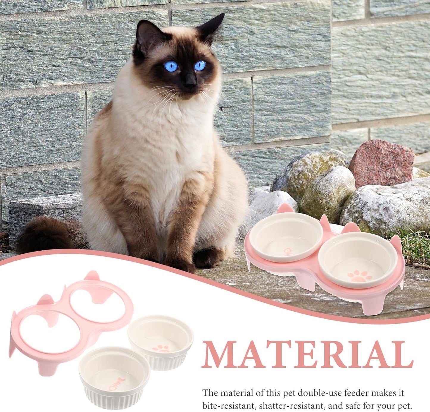 Milisten Ceramic Cat Feeding Bowl Set Raised Double Bowls Pink Thickened Non-Slip Elevated Pet Food and Water Dish for Indoor Cats
