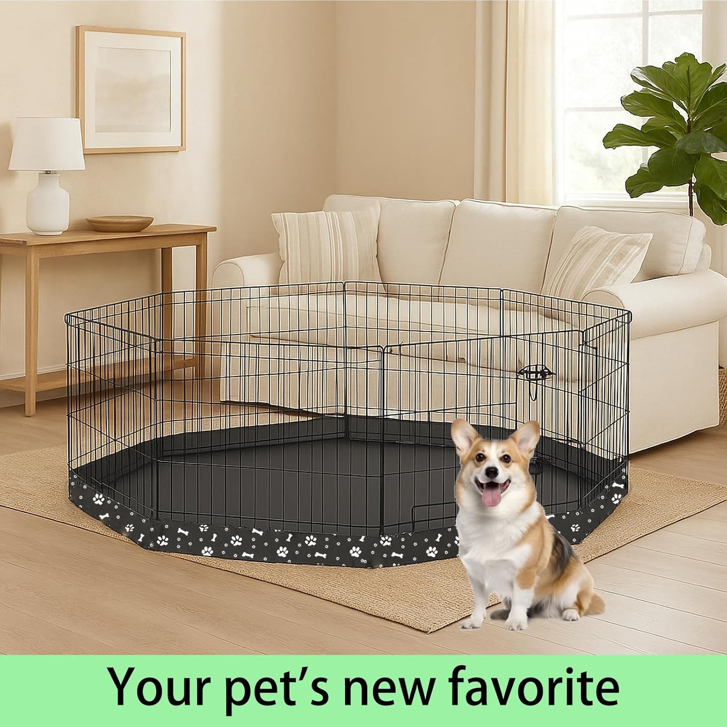 Dog Playpen Bottom Pad for 24" Metal Octagon 8-Panel Pet Pen | Waterproof Reusable Dog Training Mat | Design with Elastic Buckle Connections (Note: Playpen Not Included) (Black)
