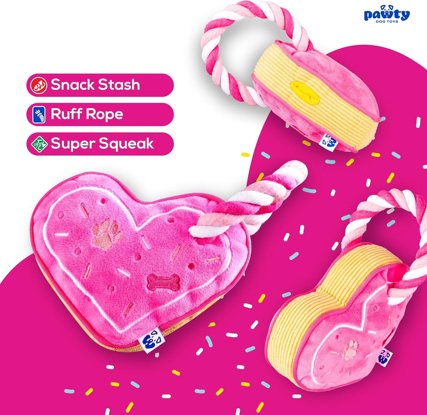 PAWTY Love Heart Dog Toy - Plush Valentine's Gift with Squeaker - Interactive Tug Rope Chew Toy for Small & Medium Dogs - Cute Pink Dog Toy for Birthday, Teething & Playtime - Durable & Adorable