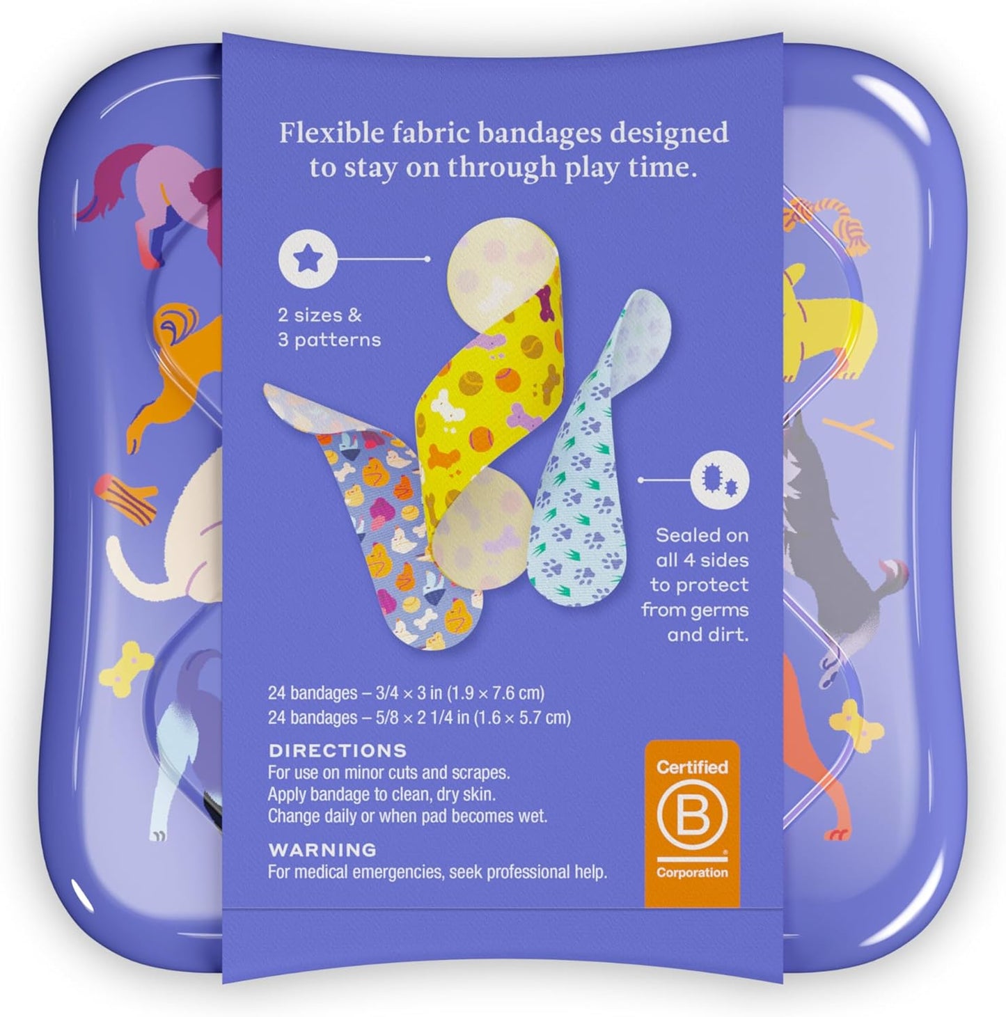 Welly Bandages | Adhesive Flexible Fabric Bravery Badges | Assorted Shapes for Minor Cuts, Scrapes, and Wounds | Colorful and Fun First Aid Tin | Dogs Patterns - 48 Count