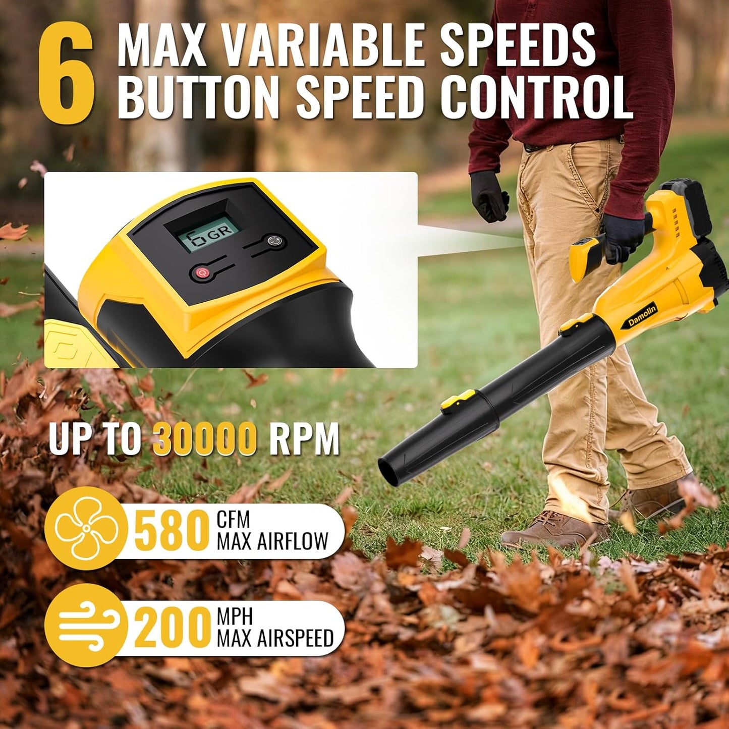 Cordless Leaf Blower Compatible with DEWALT 20V Max Battery, 580 CFM/200 MPH with Turbo Boost, 6 Speed Modes Brushless Motor, Electric Leaf Blowers Battery Powered for Lawn Care, Yard(Tool Only)