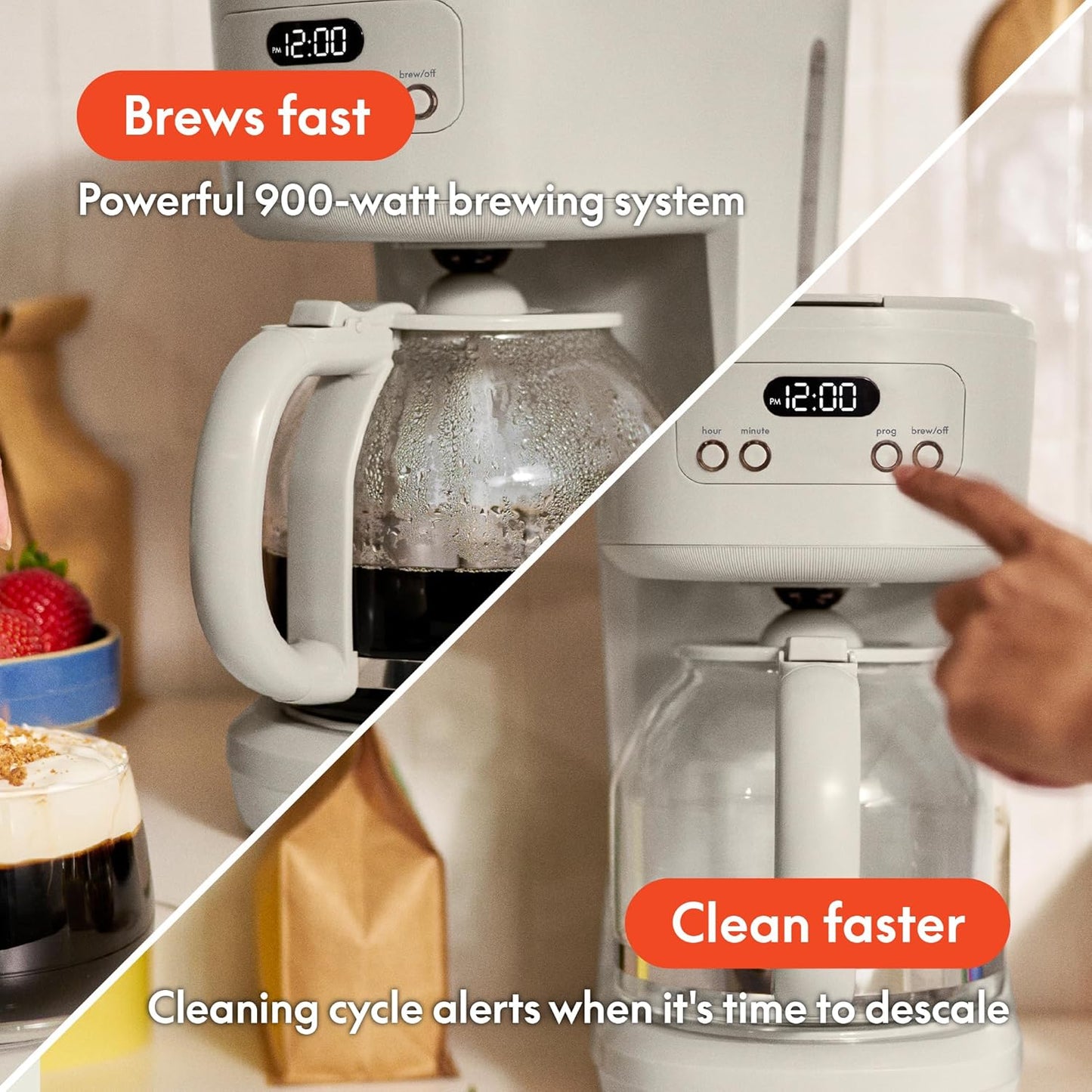 BELLA 12 Cup Programmable Coffee Marker, Reusable Dishwasher Safe Accessories, Easy LCD diaply, Auto Shutoff, 900 watt, Oatmilk