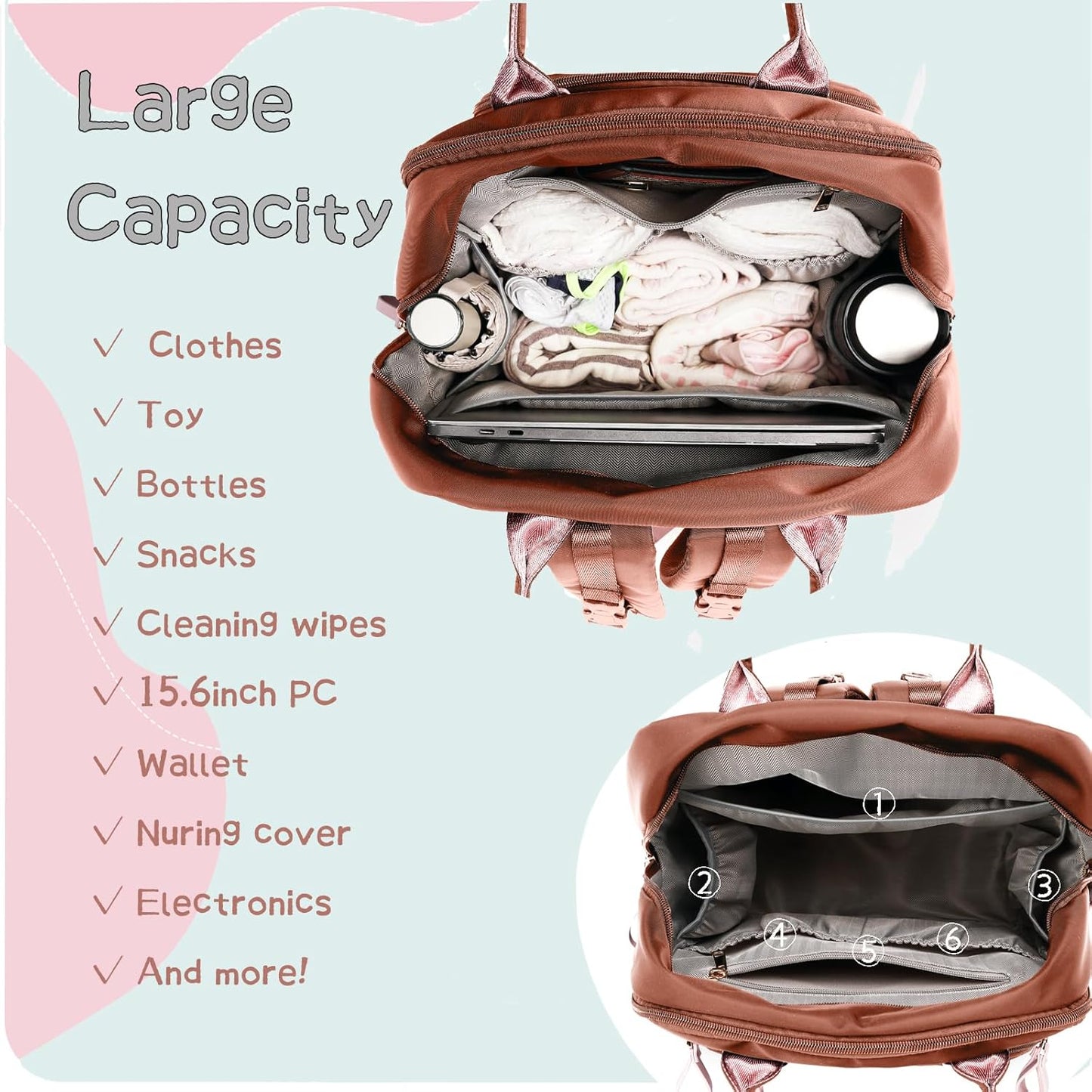 18 Pockets Large Diaper Bag Backpack with 4 Insulated Pockets and Stroller Clips, Baby Shower Essentials (Brown, Large)