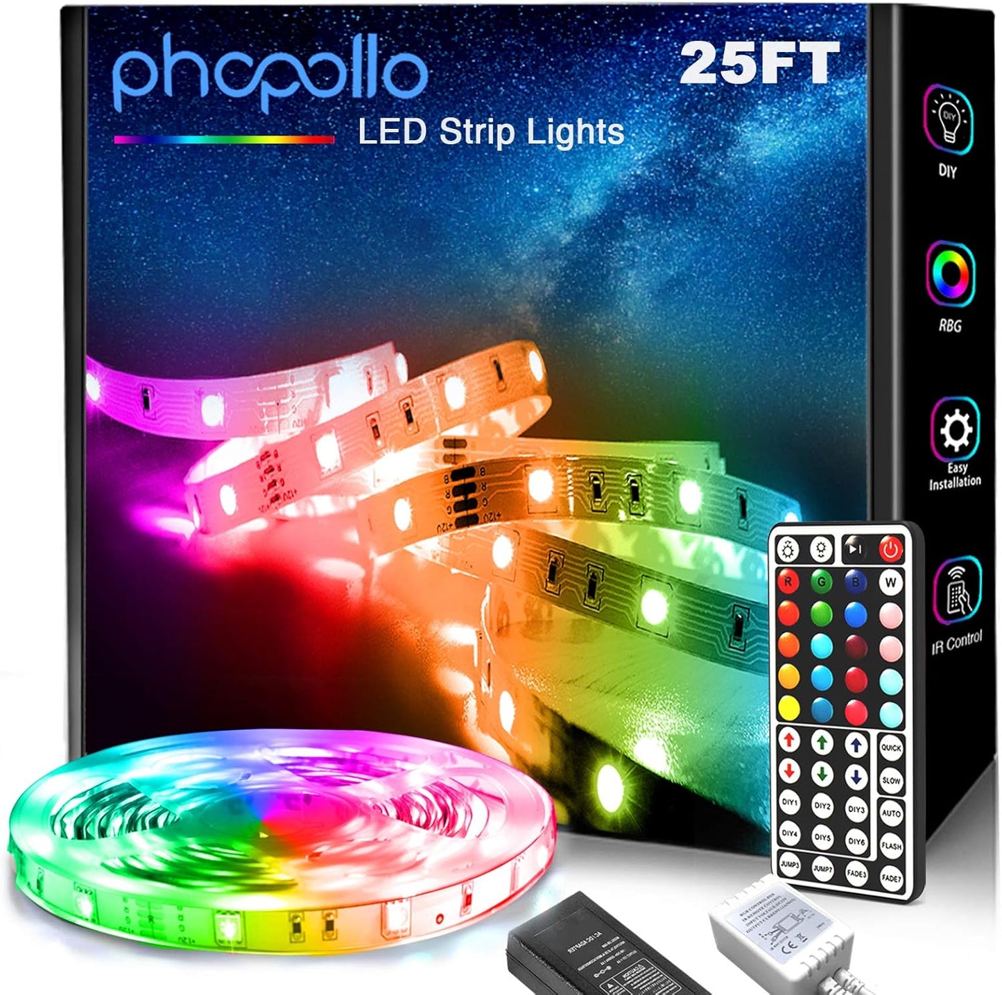 phopollo 5050 LED Strip Lights, 25ft Led Lights for Bedroom with 44 Keys IR Remote Controller and 12V Power Supply